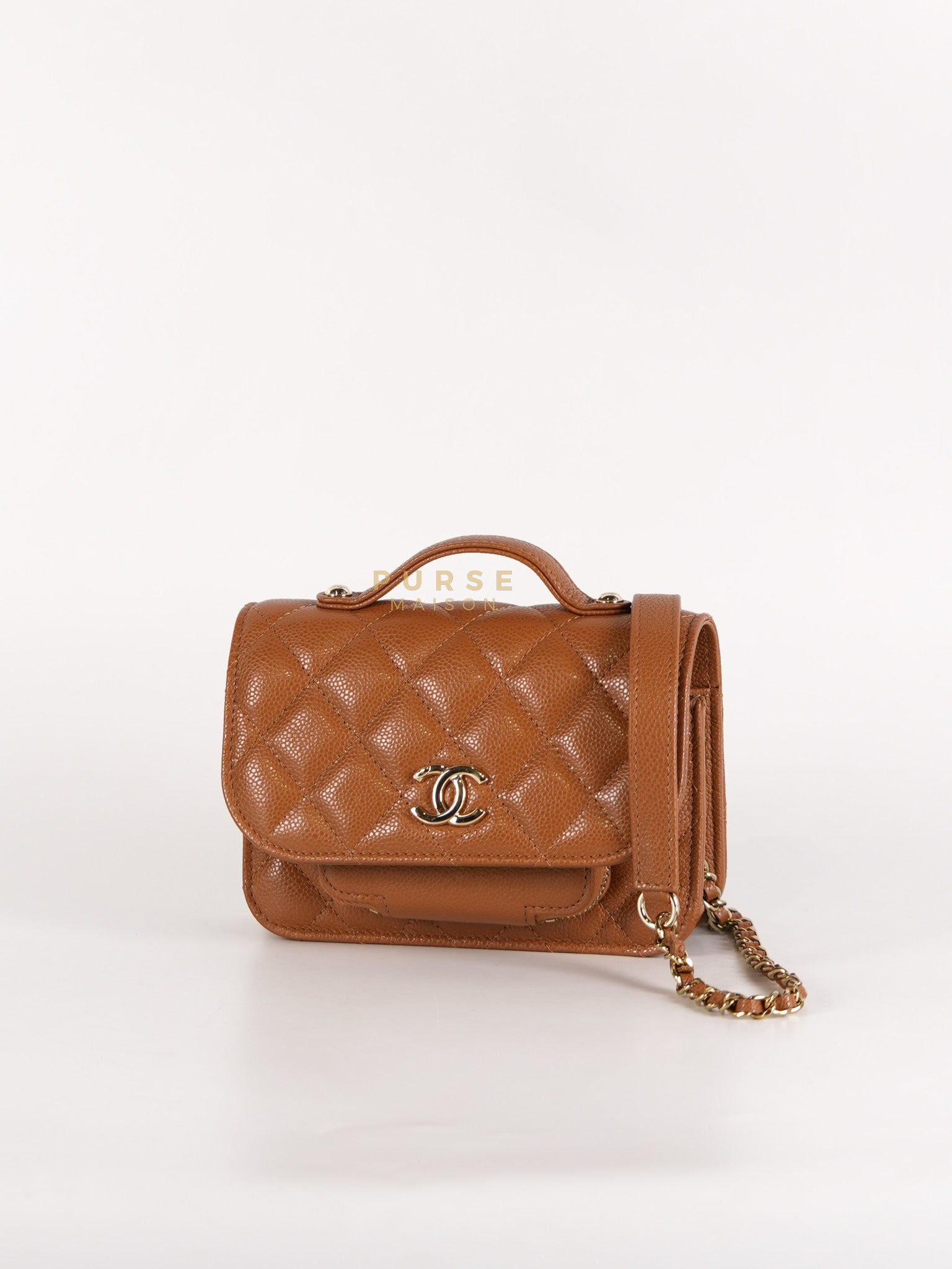 Business Affinity Wallet on Chain (WOC) In Caramel Caviar Leather and Light Gold Hardware (Microchip) | Purse Maison Luxury Bags Shop