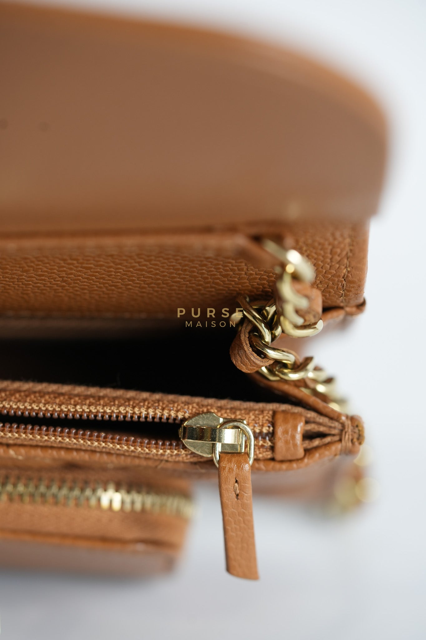 Business Affinity Wallet on Chain (WOC) In Caramel Caviar Leather and Light Gold Hardware (Microchip) | Purse Maison Luxury Bags Shop