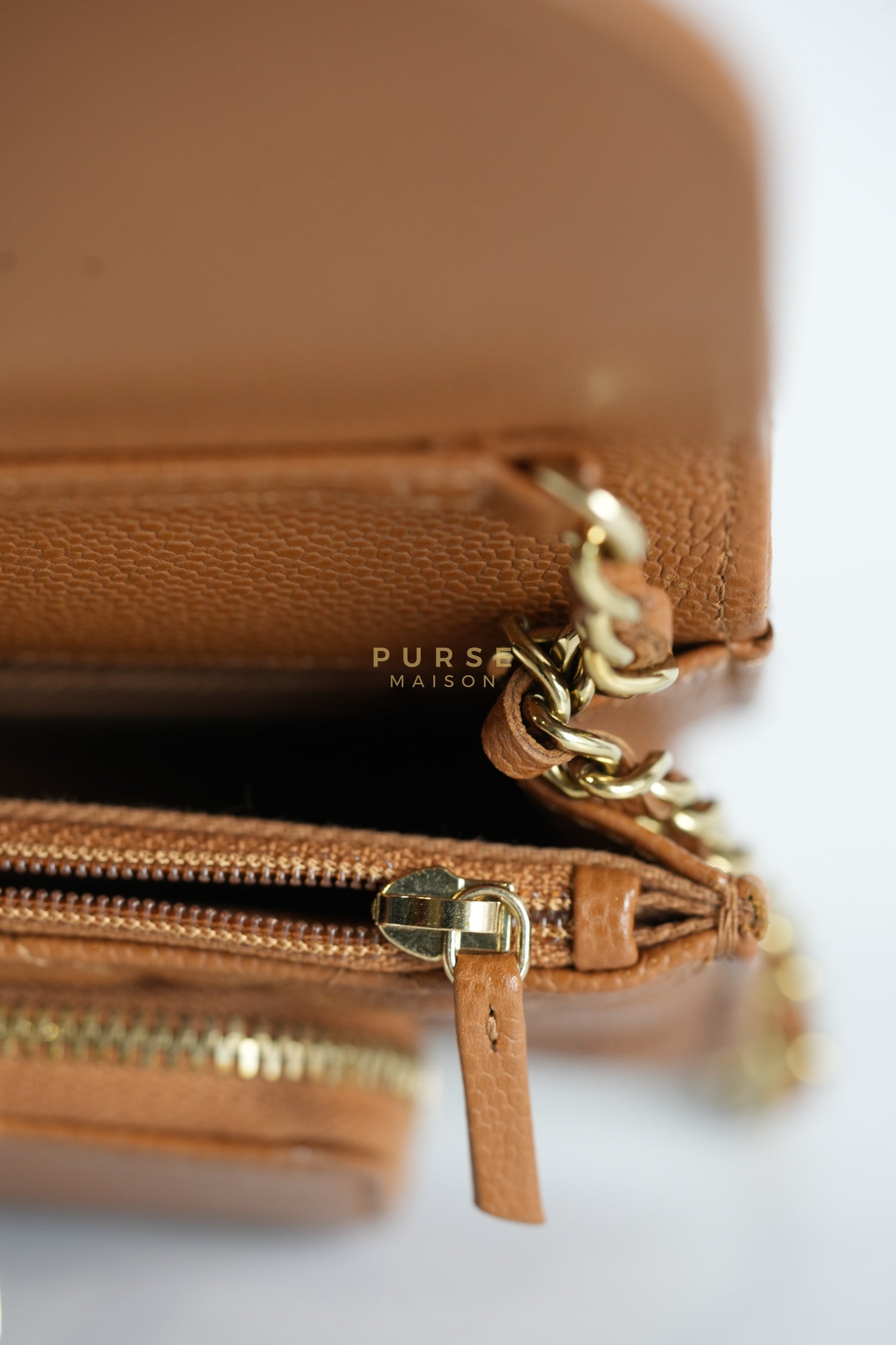 Business Affinity Wallet on Chain (WOC) In Caramel Caviar Leather and Light Gold Hardware (Microchip) | Purse Maison Luxury Bags Shop