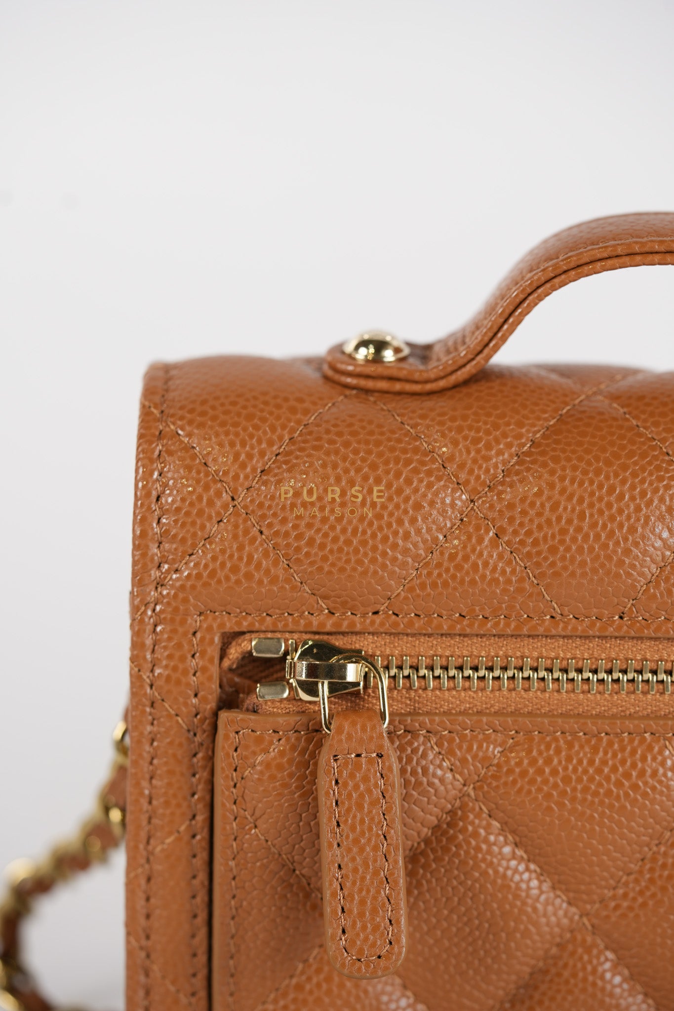 Business Affinity Wallet on Chain (WOC) In Caramel Caviar Leather and Light Gold Hardware (Microchip) | Purse Maison Luxury Bags Shop