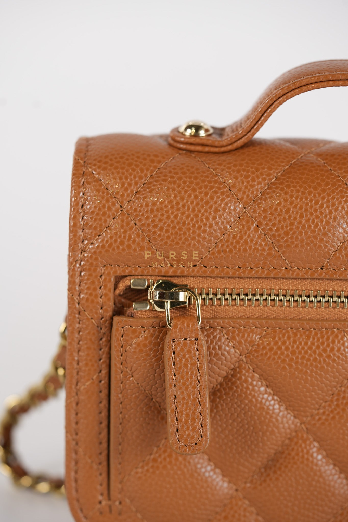 Business Affinity Wallet on Chain (WOC) In Caramel Caviar Leather and Light Gold Hardware (Microchip) | Purse Maison Luxury Bags Shop