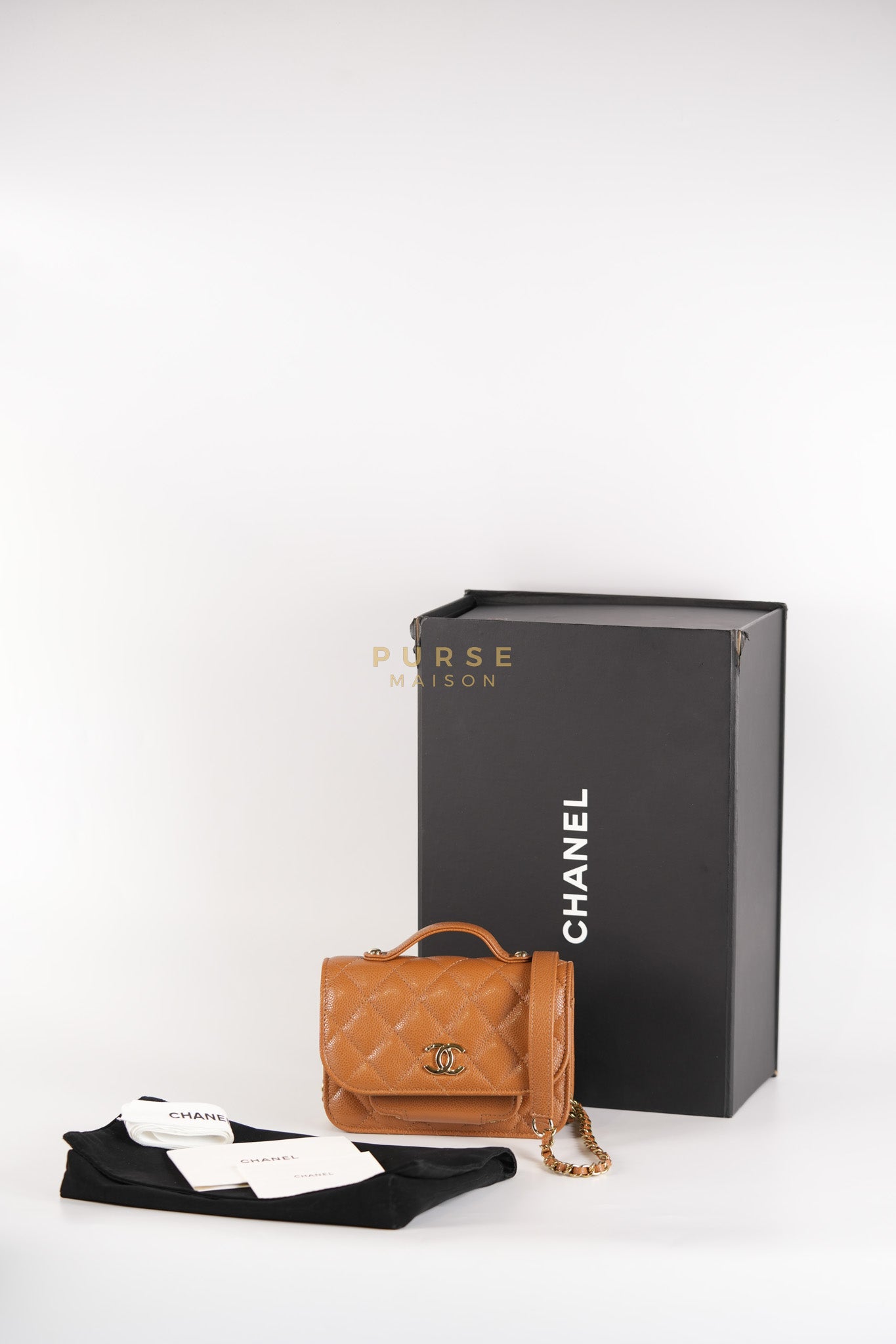 Business Affinity Wallet on Chain (WOC) In Caramel Caviar Leather and Light Gold Hardware (Microchip) | Purse Maison Luxury Bags Shop