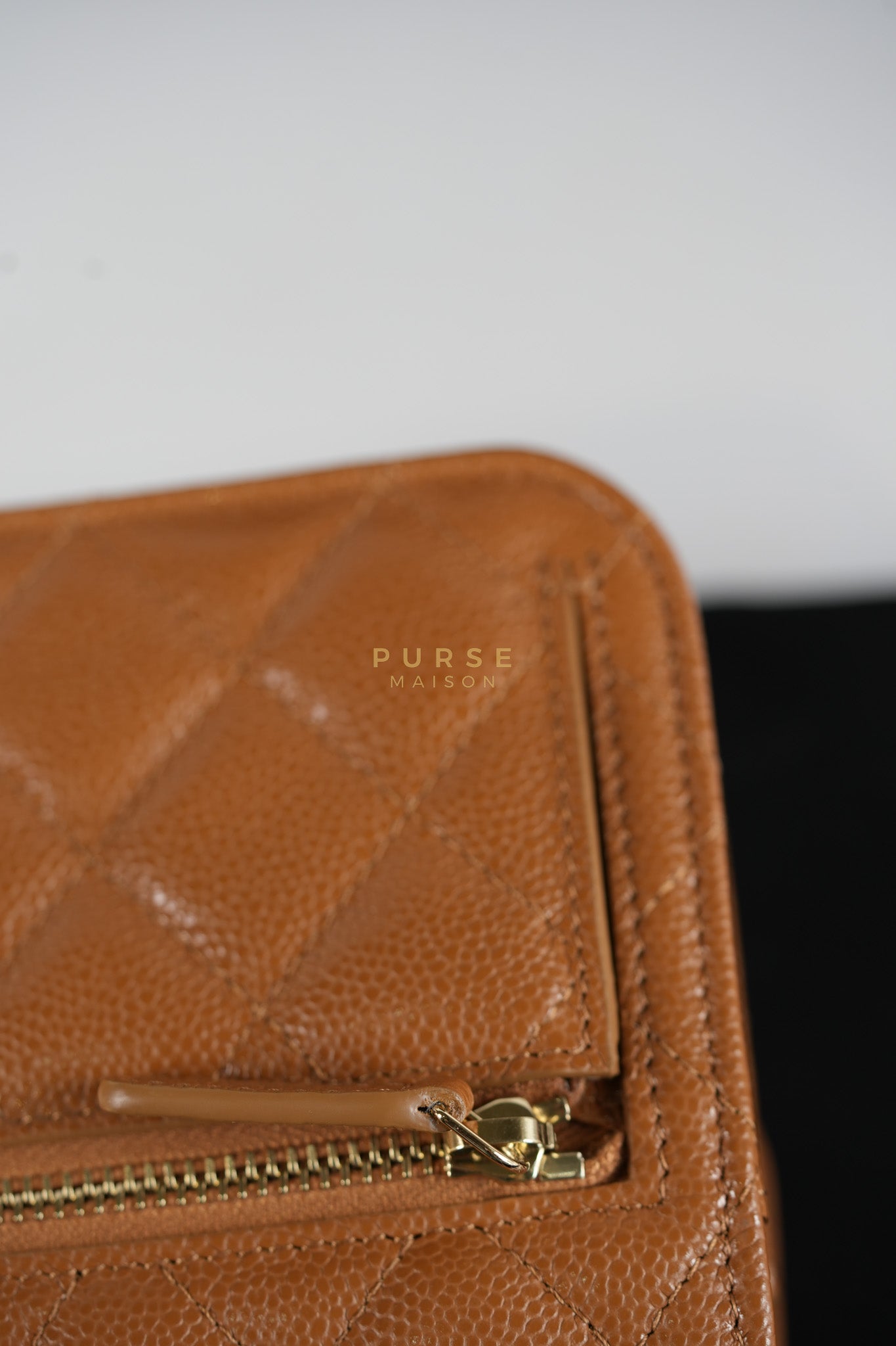 Business Affinity Wallet on Chain (WOC) In Caramel Caviar Leather and Light Gold Hardware (Microchip) | Purse Maison Luxury Bags Shop