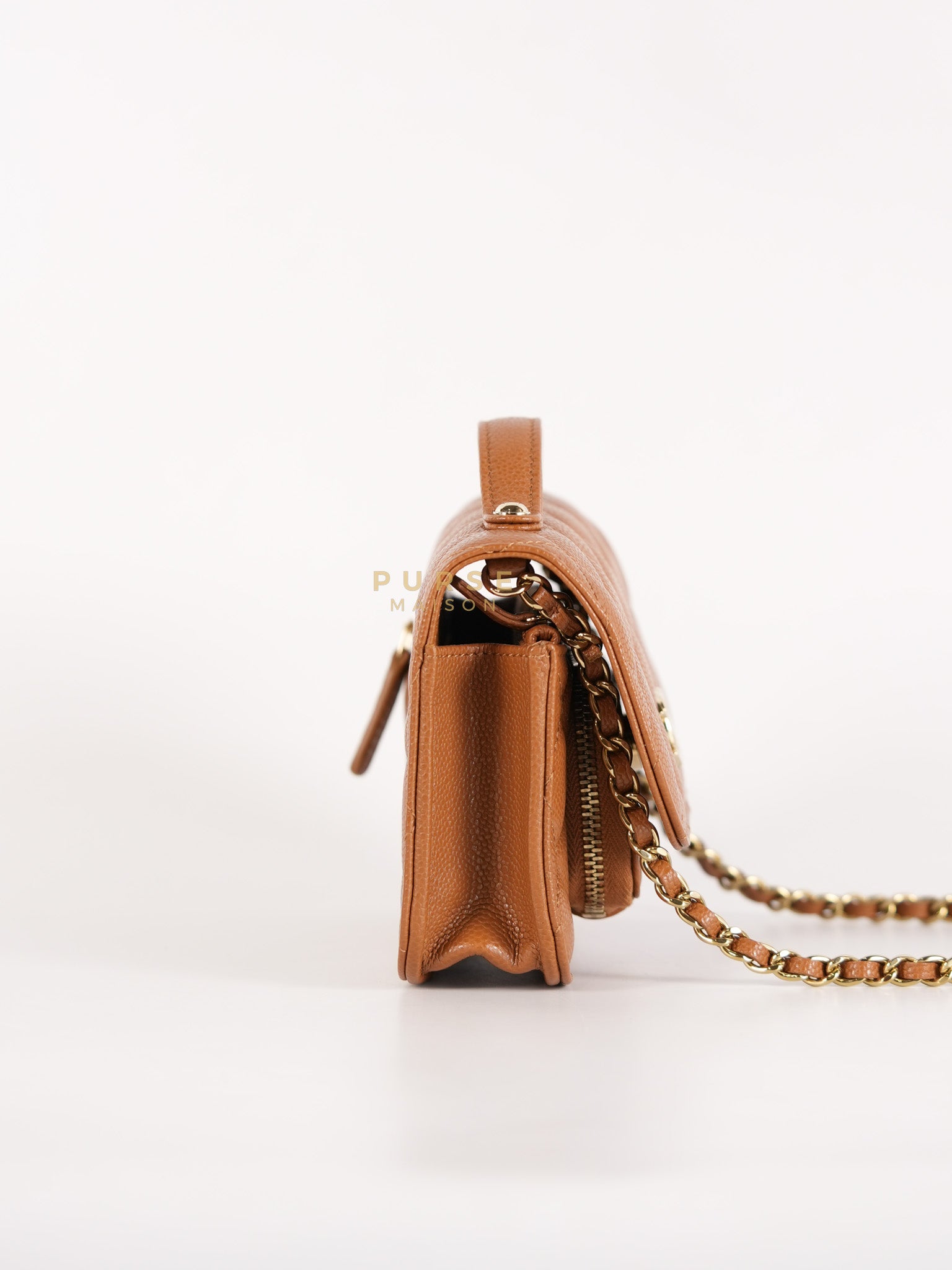 Business Affinity Wallet on Chain (WOC) In Caramel Caviar Leather and Light Gold Hardware (Microchip) | Purse Maison Luxury Bags Shop