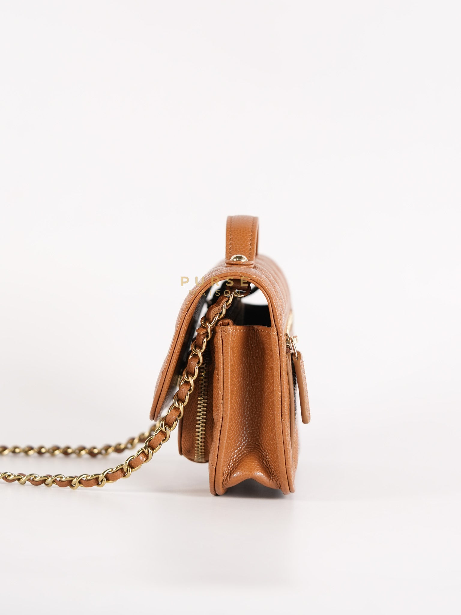 Business Affinity Wallet on Chain (WOC) In Caramel Caviar Leather and Light Gold Hardware (Microchip) | Purse Maison Luxury Bags Shop