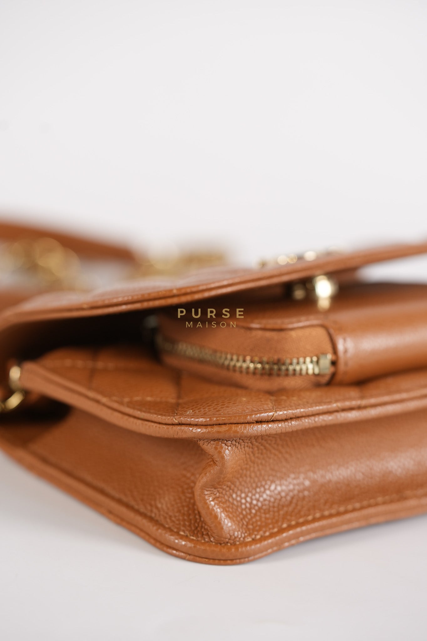 Business Affinity Wallet on Chain (WOC) In Caramel Caviar Leather and Light Gold Hardware (Microchip) | Purse Maison Luxury Bags Shop