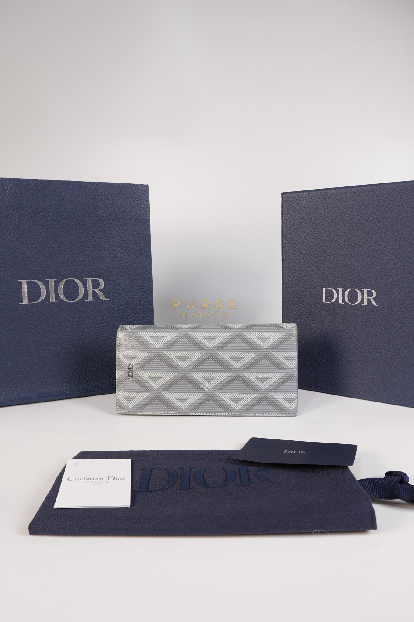 Business Card Holder/Long Vertical Wallet in Gray Diamond Canvas | Purse Maison Luxury Bags Shop