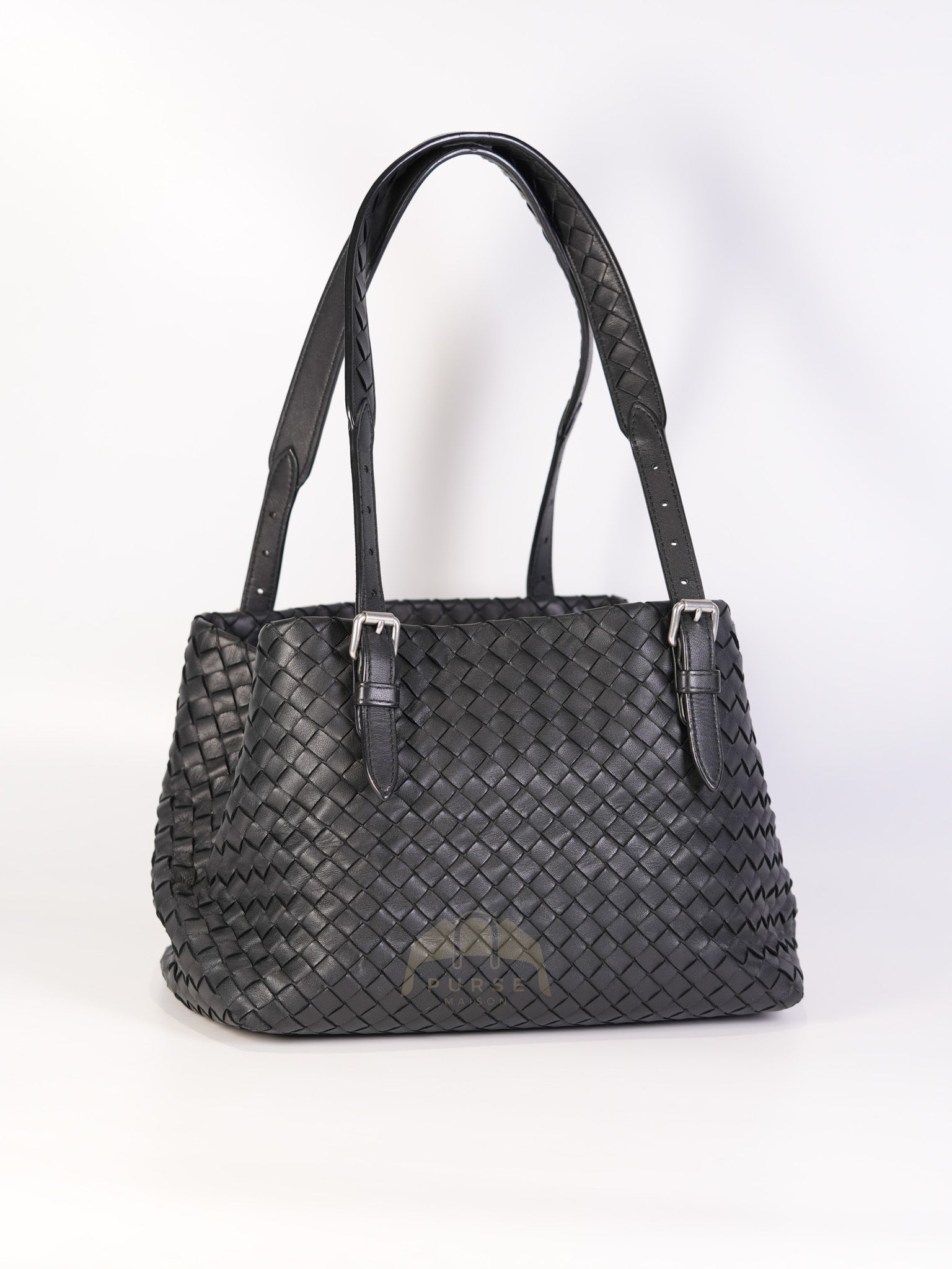 Cesta Small Nappa Intrecciato Black Leather Tote Bag