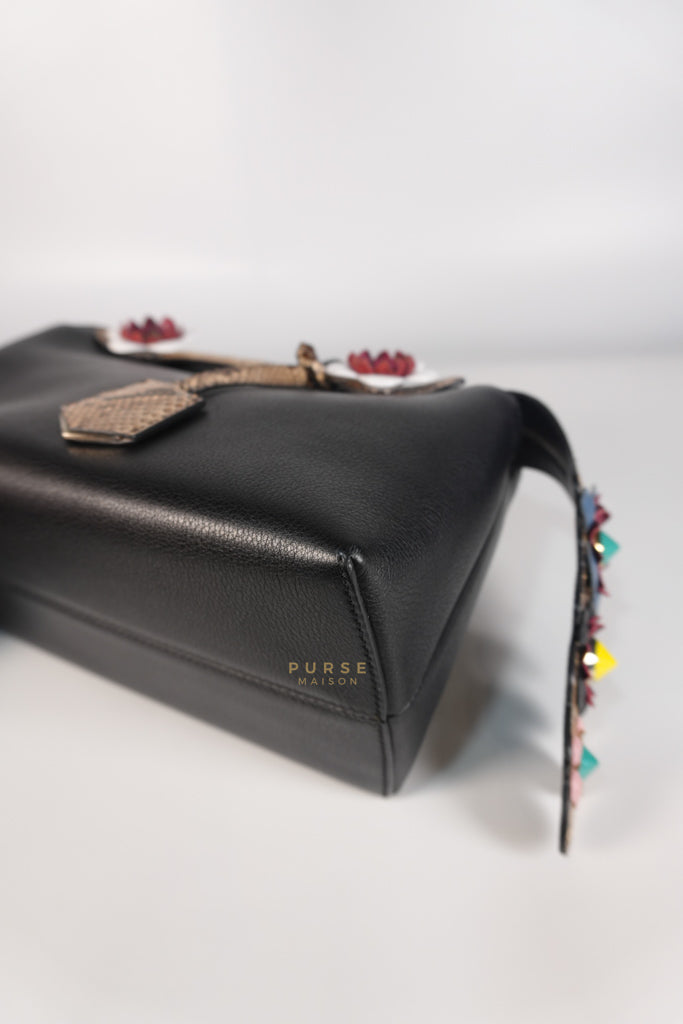 By The Way Bag Small in Black Python Flower Handle and Smooth Leather | Purse Maison Luxury Bags Shop