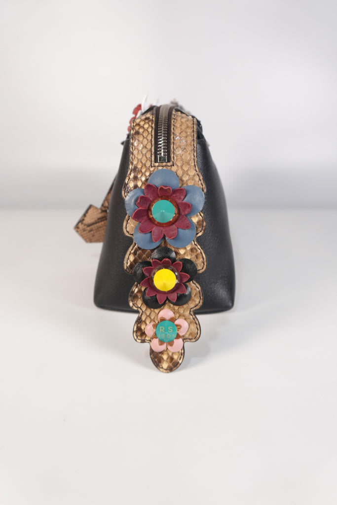 By The Way Bag Small in Black Python Flower Handle and Smooth Leather | Purse Maison Luxury Bags Shop