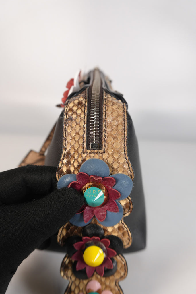 By The Way Bag Small in Black Python Flower Handle and Smooth Leather | Purse Maison Luxury Bags Shop