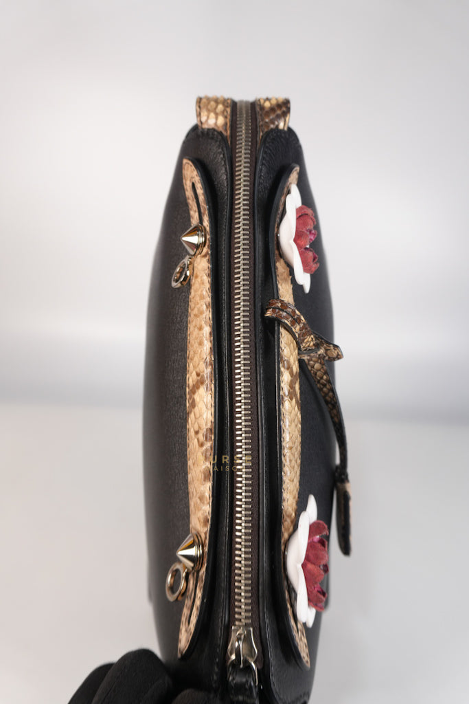 By The Way Bag Small in Black Python Flower Handle and Smooth Leather | Purse Maison Luxury Bags Shop