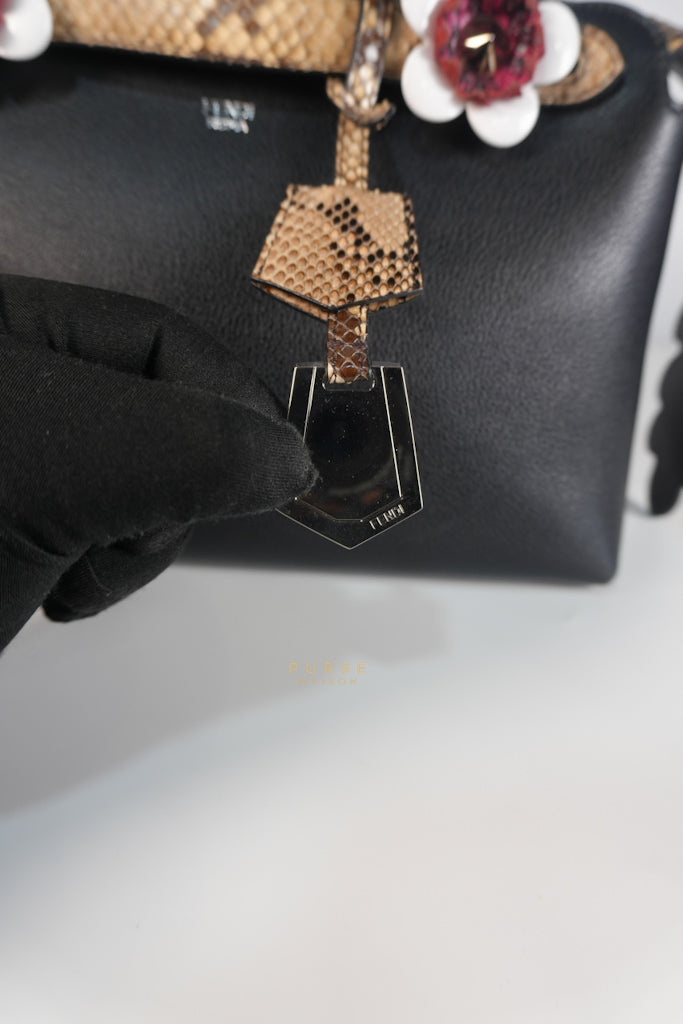 By The Way Bag Small in Black Python Flower Handle and Smooth Leather | Purse Maison Luxury Bags Shop