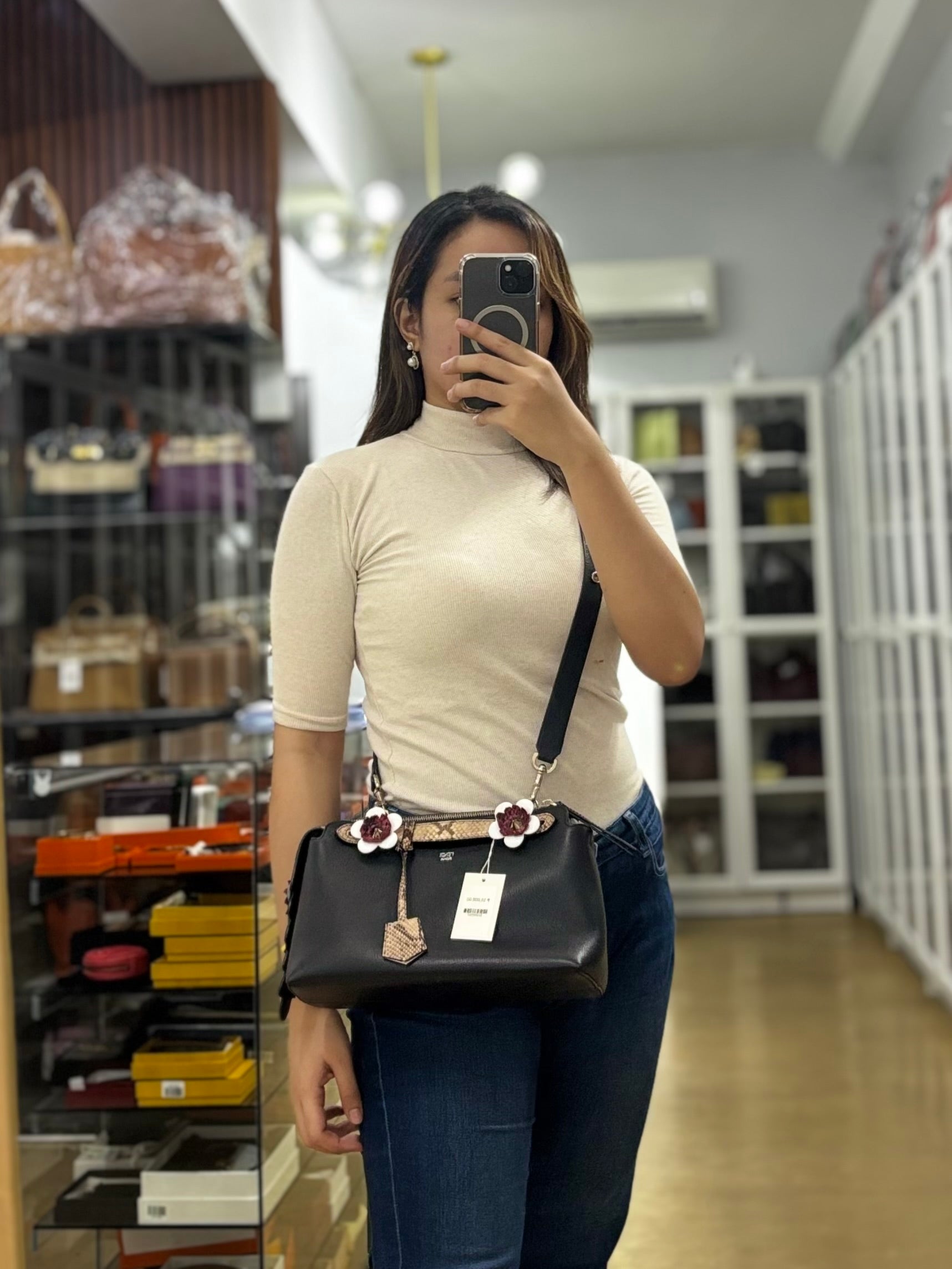 By The Way Bag Small in Black Python Flower Handle and Smooth Leather | Purse Maison Luxury Bags Shop