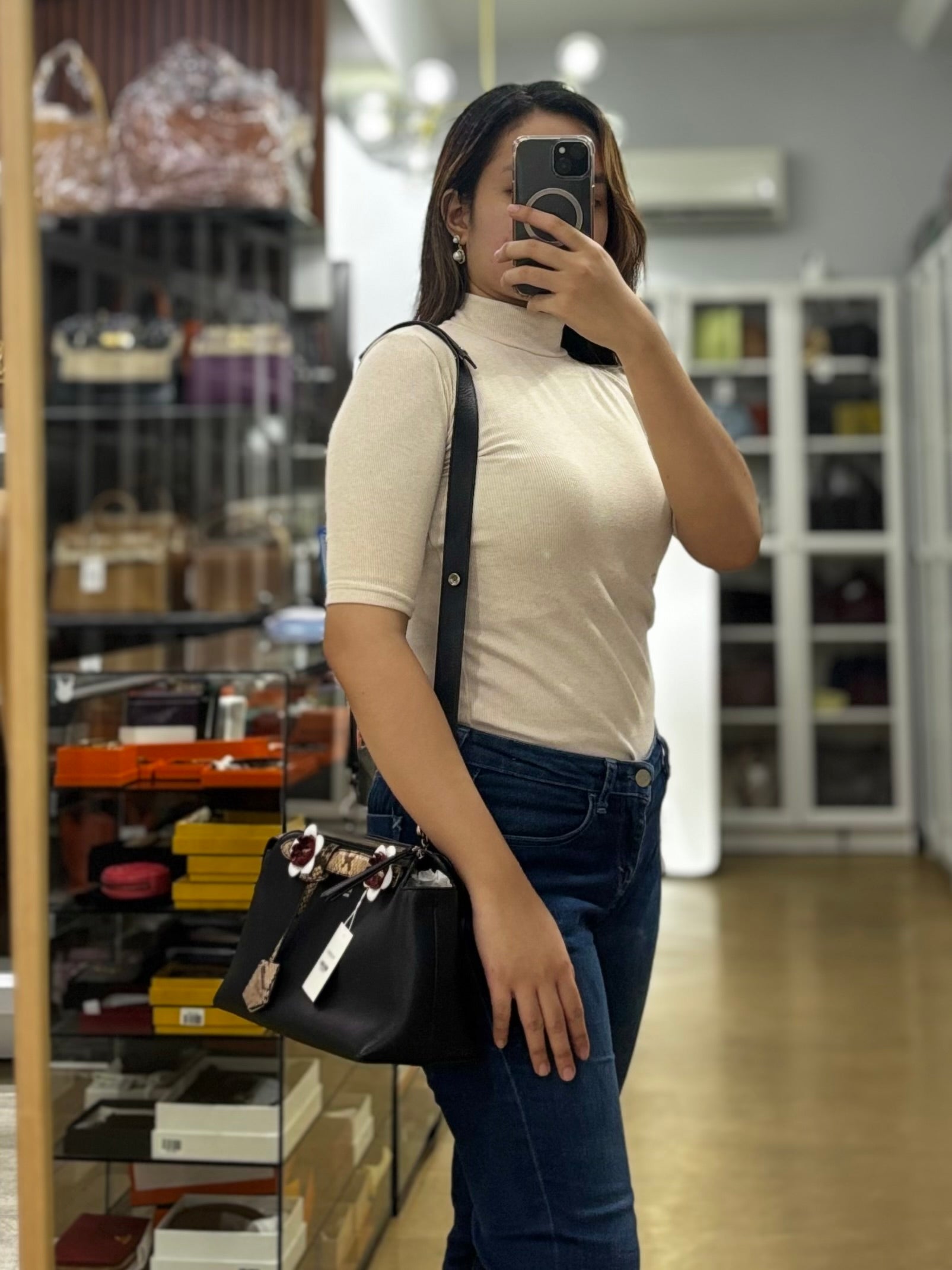 By The Way Bag Small in Black Python Flower Handle and Smooth Leather | Purse Maison Luxury Bags Shop