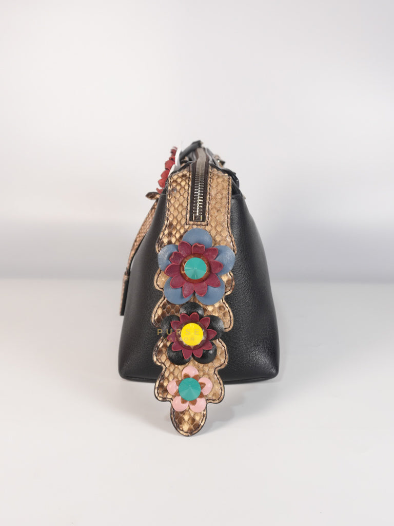 By The Way Bag Small in Black Python Flower Handle and Smooth Leather | Purse Maison Luxury Bags Shop