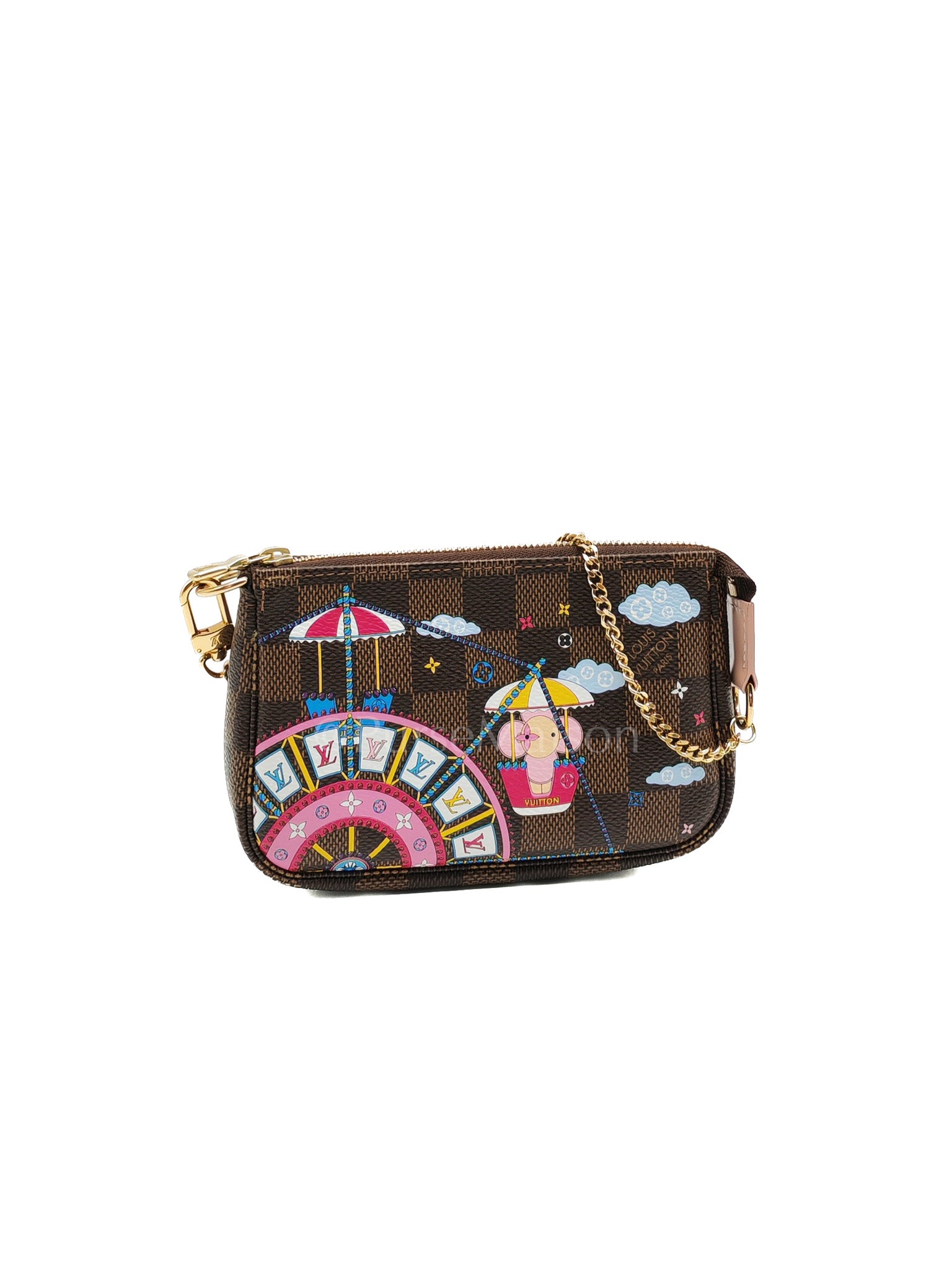 Christmas Animation 2020 Mini Pochette in Damier Ebene Canvas & Gold Hardware (Datecode: SF3240)