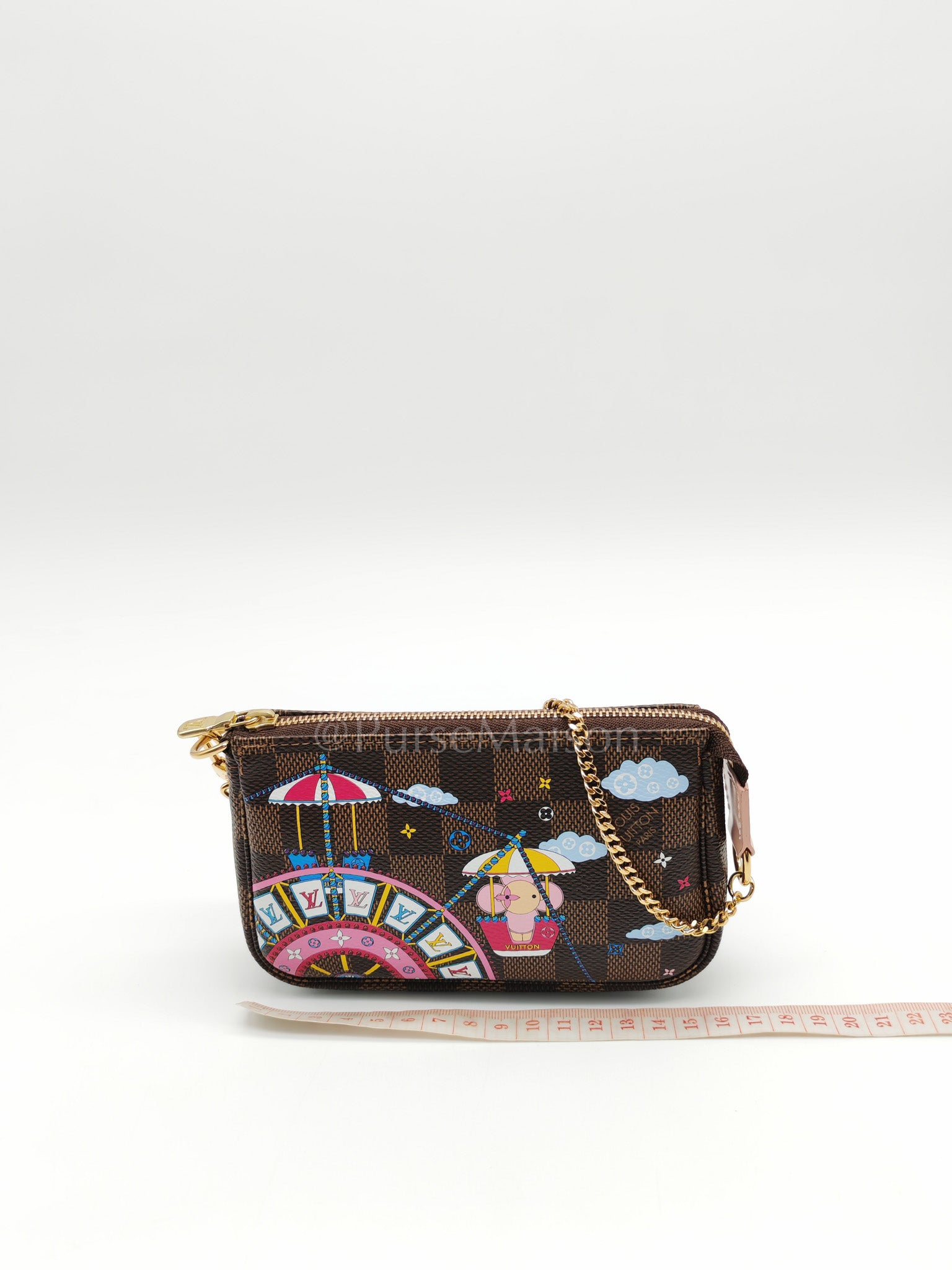 Christmas Animation 2020 Mini Pochette in Damier Ebene Canvas & Gold Hardware (Datecode: SF3240)