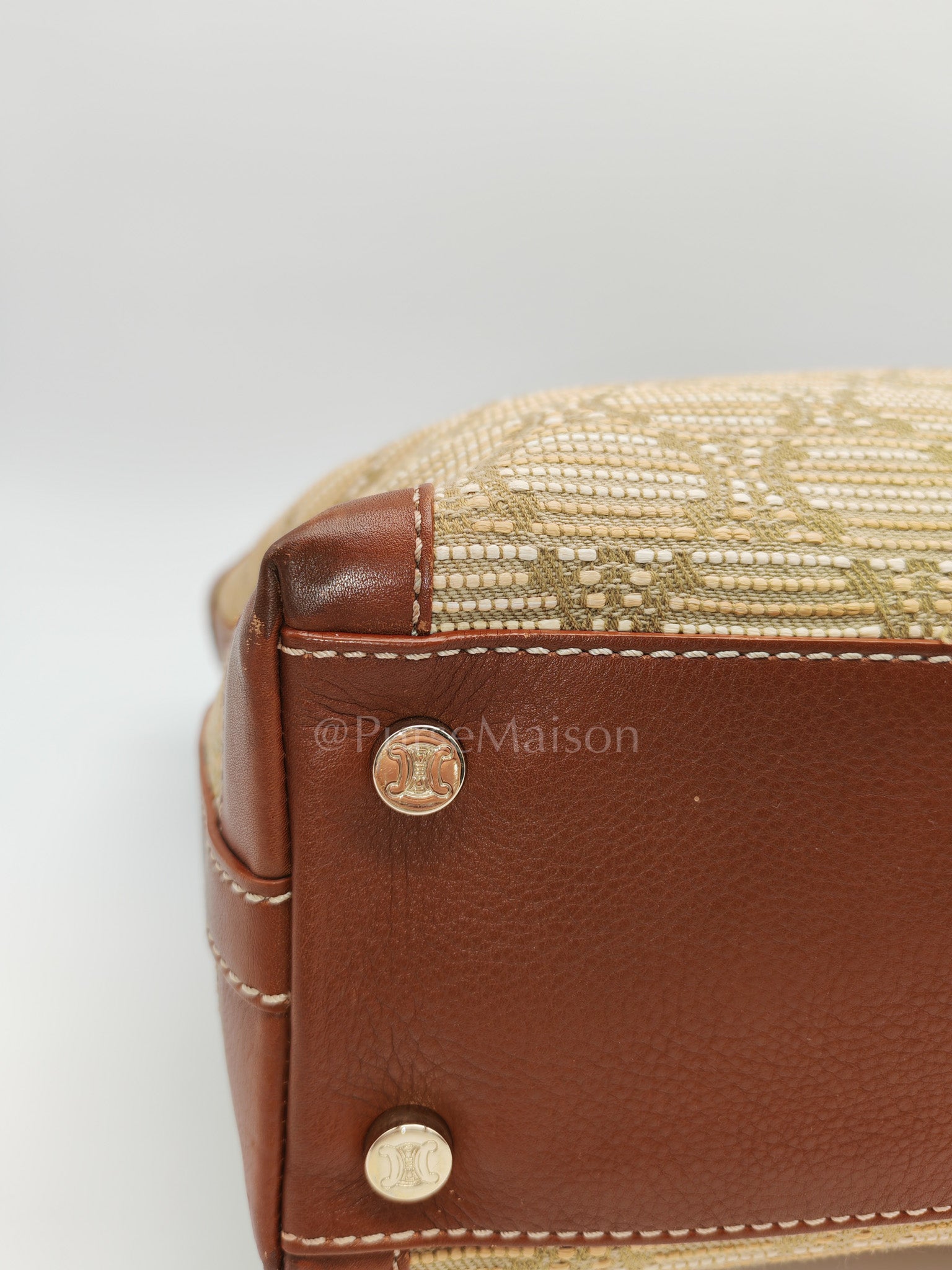 Macadam Monogram Canvas Tote Bag in Brown Leather Trim and Handle