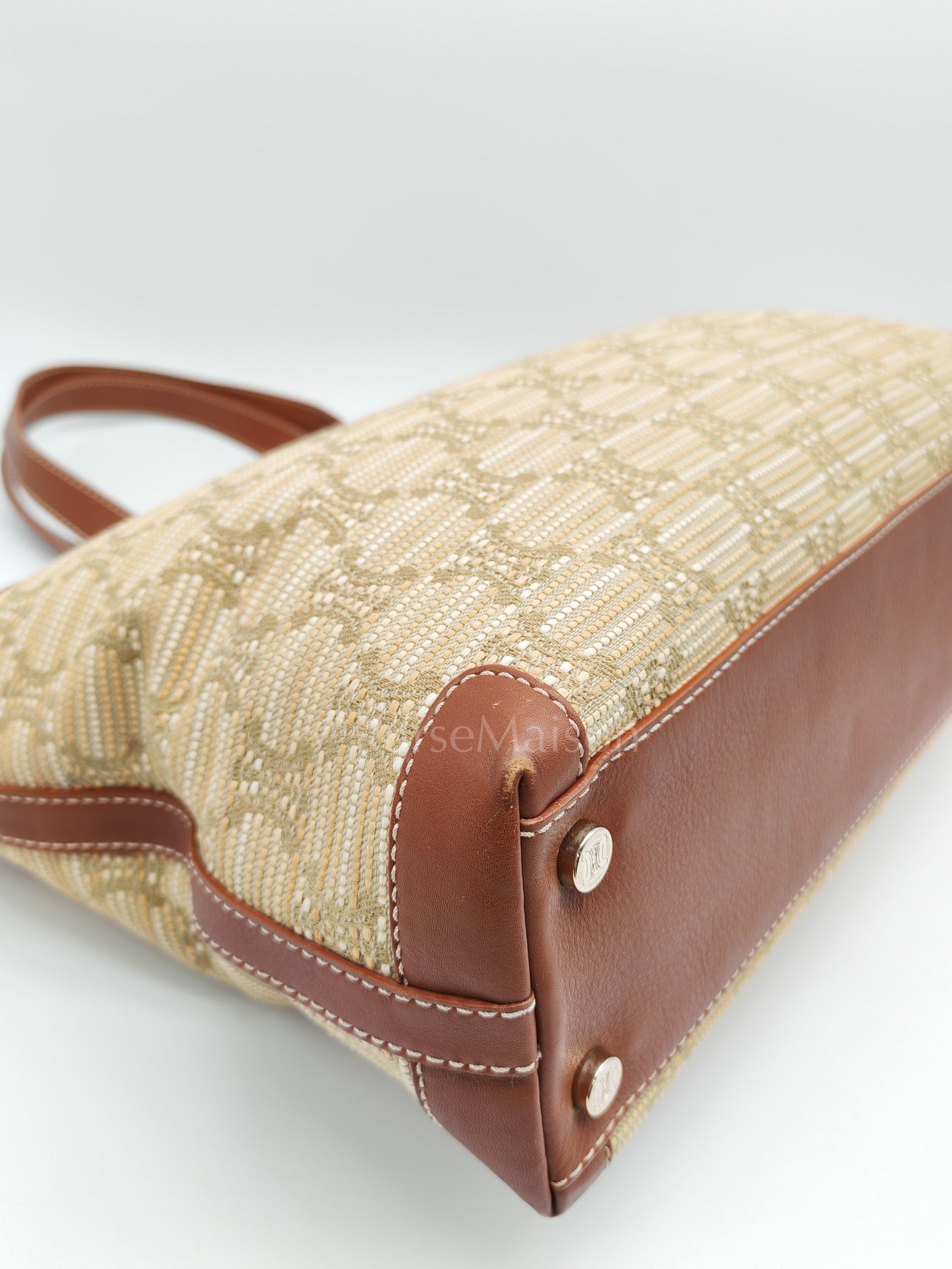Macadam Monogram Canvas Tote Bag in Brown Leather Trim and Handle