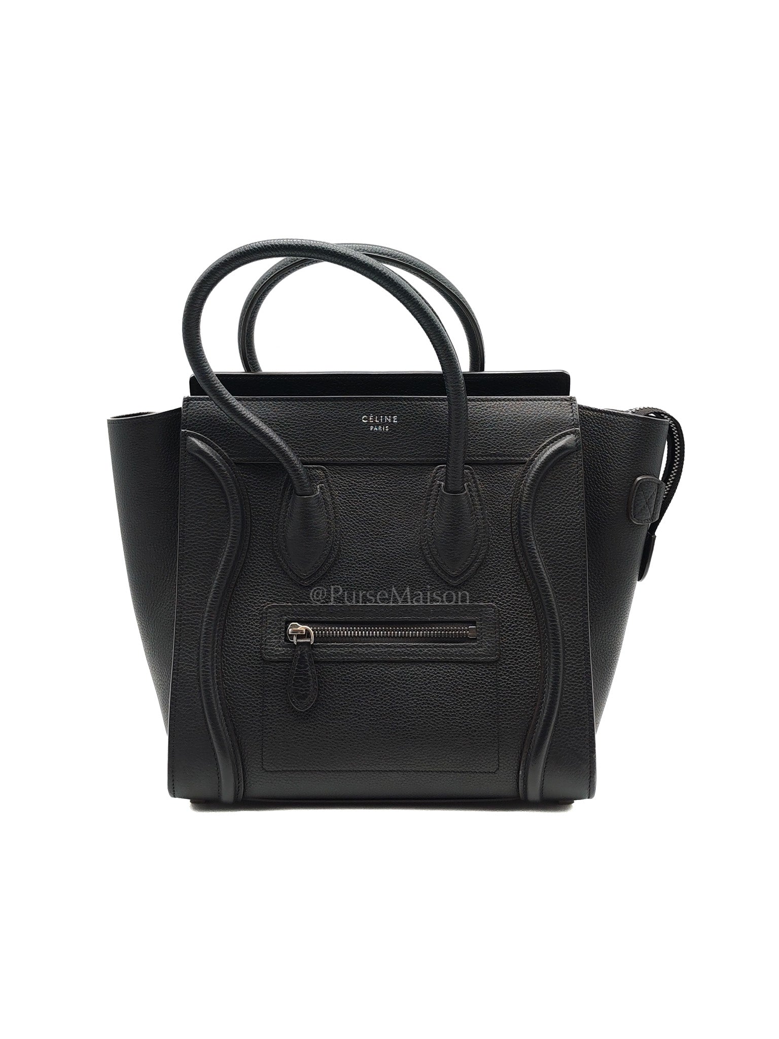 Micro Luggage Tote Bag in Black Grained Calfskin Leather