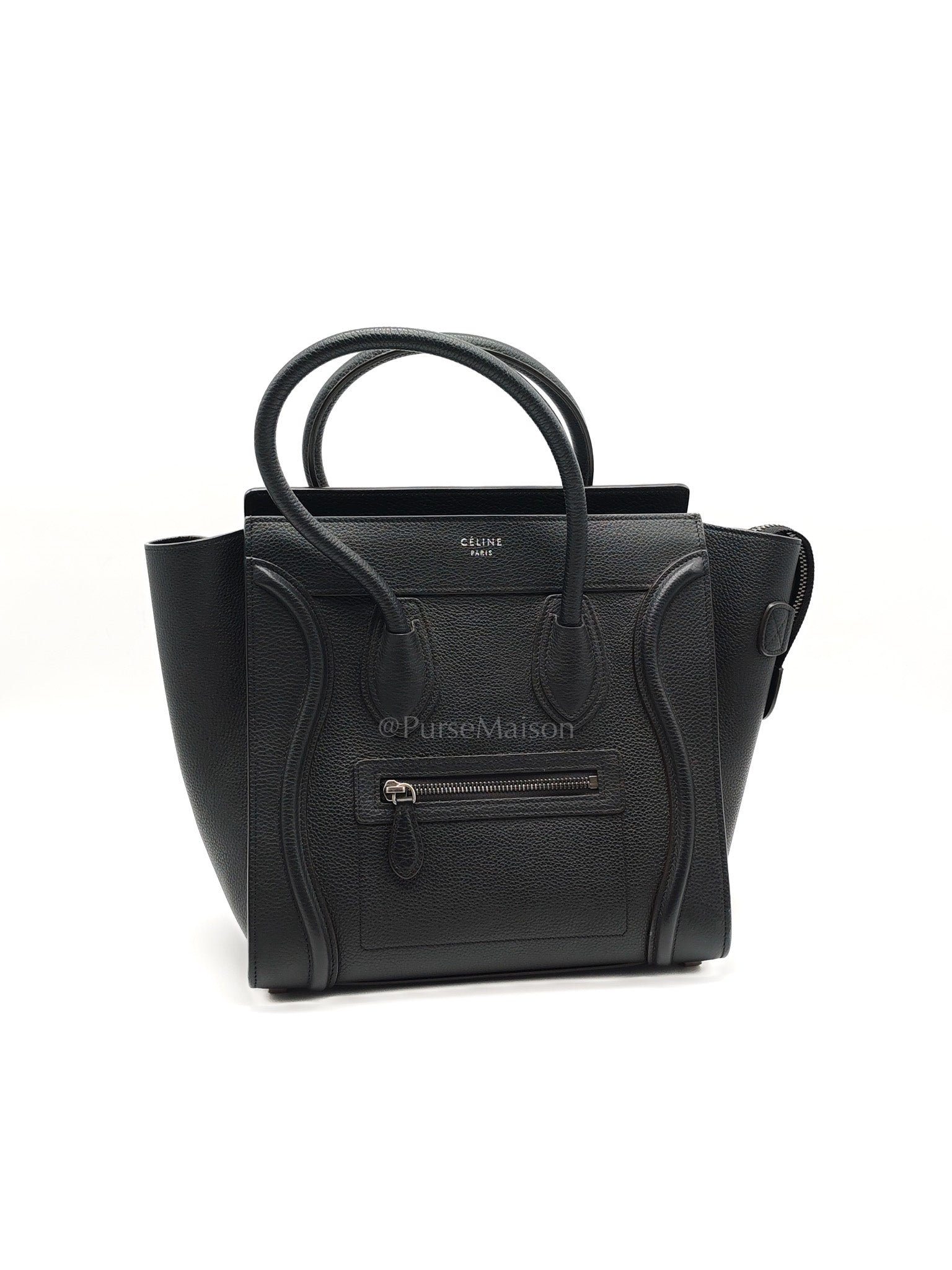Micro Luggage Tote Bag in Black Grained Calfskin Leather