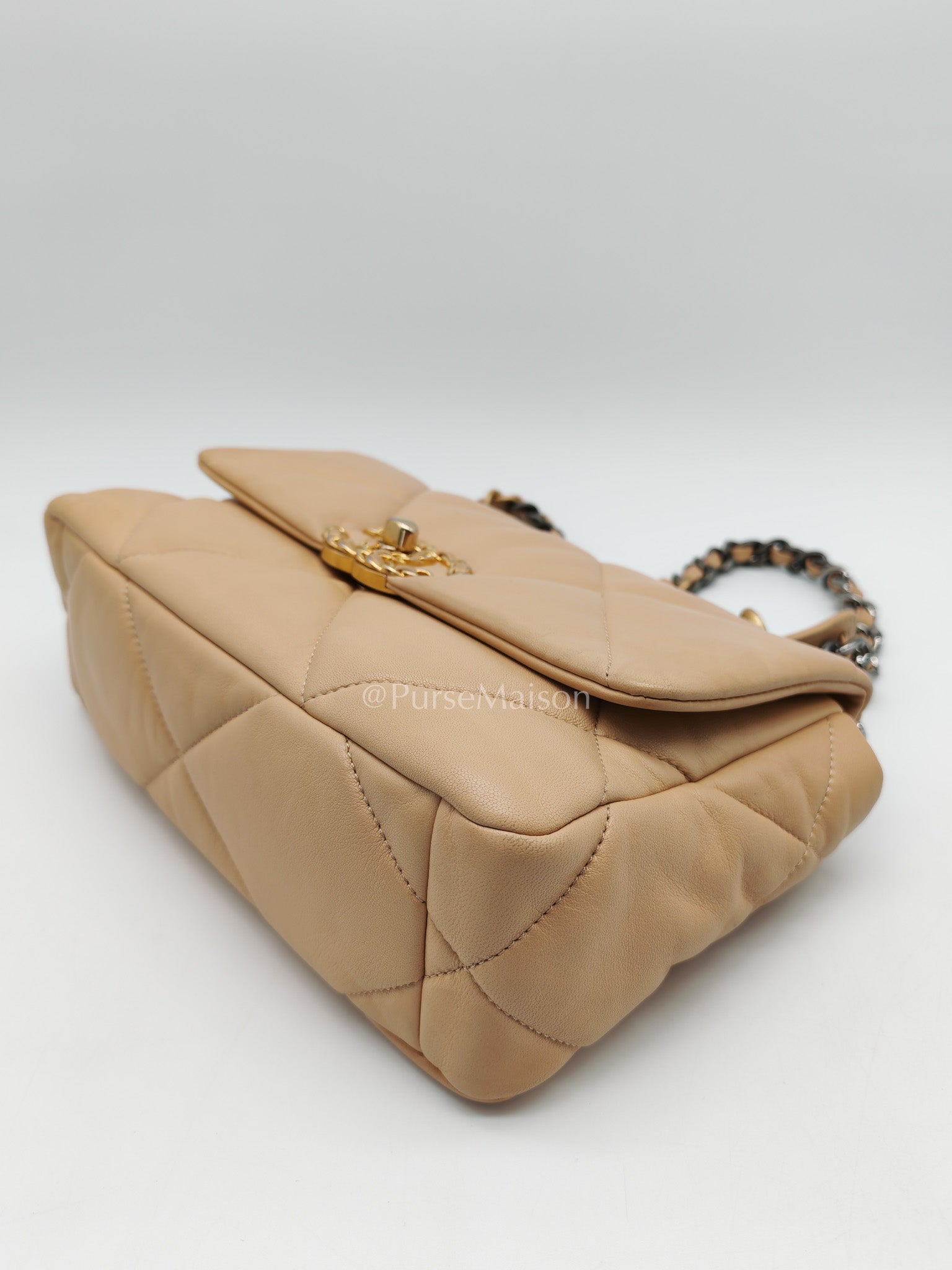 Chanel 19 Small in Beige Quilted Lambskin Leather and Mixed Hardware (Microchip)