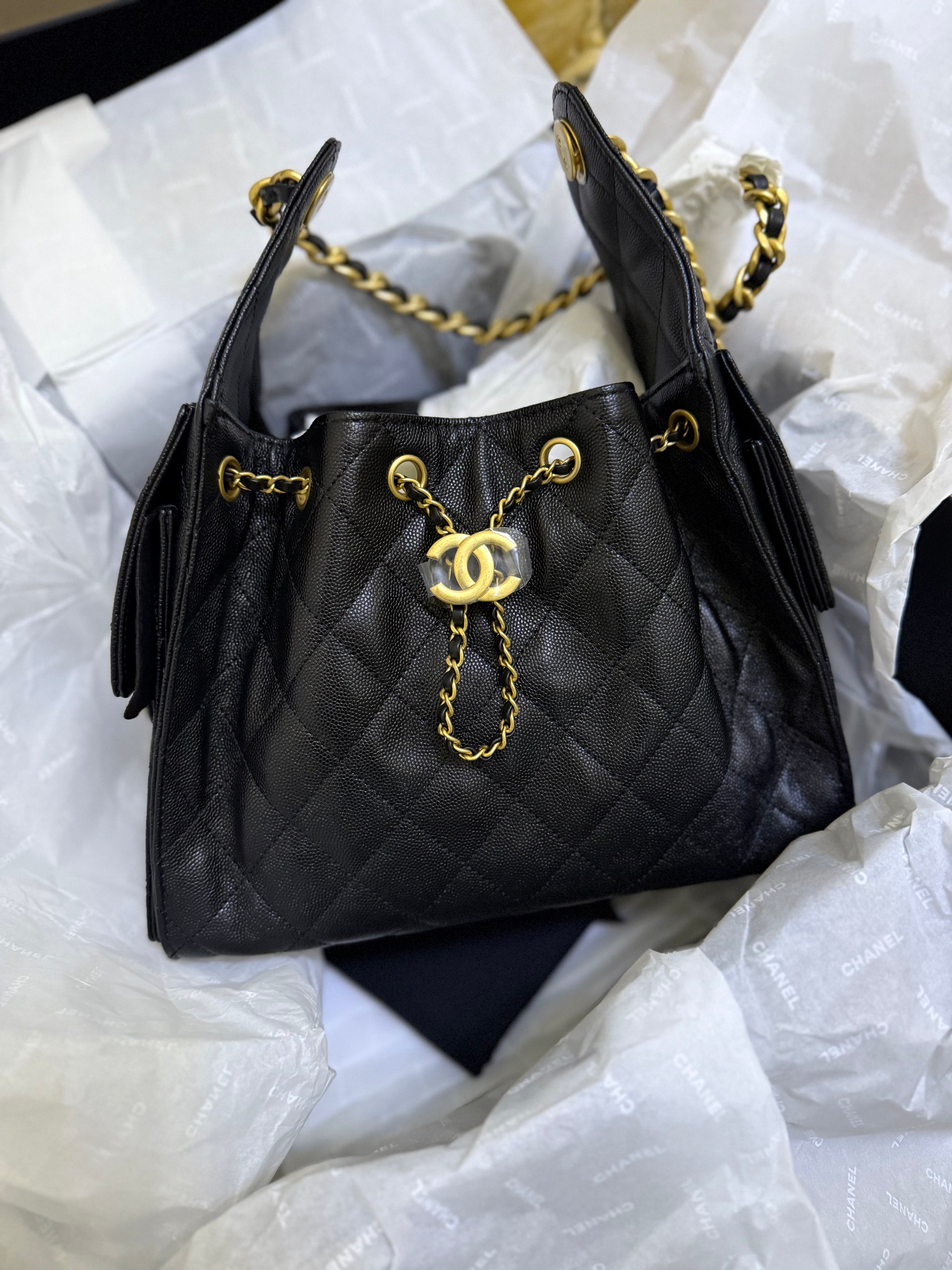 Chanel 25 (C25) Black Caviar and Gold Hardware Microchip | Purse Maison Luxury Bags Shop