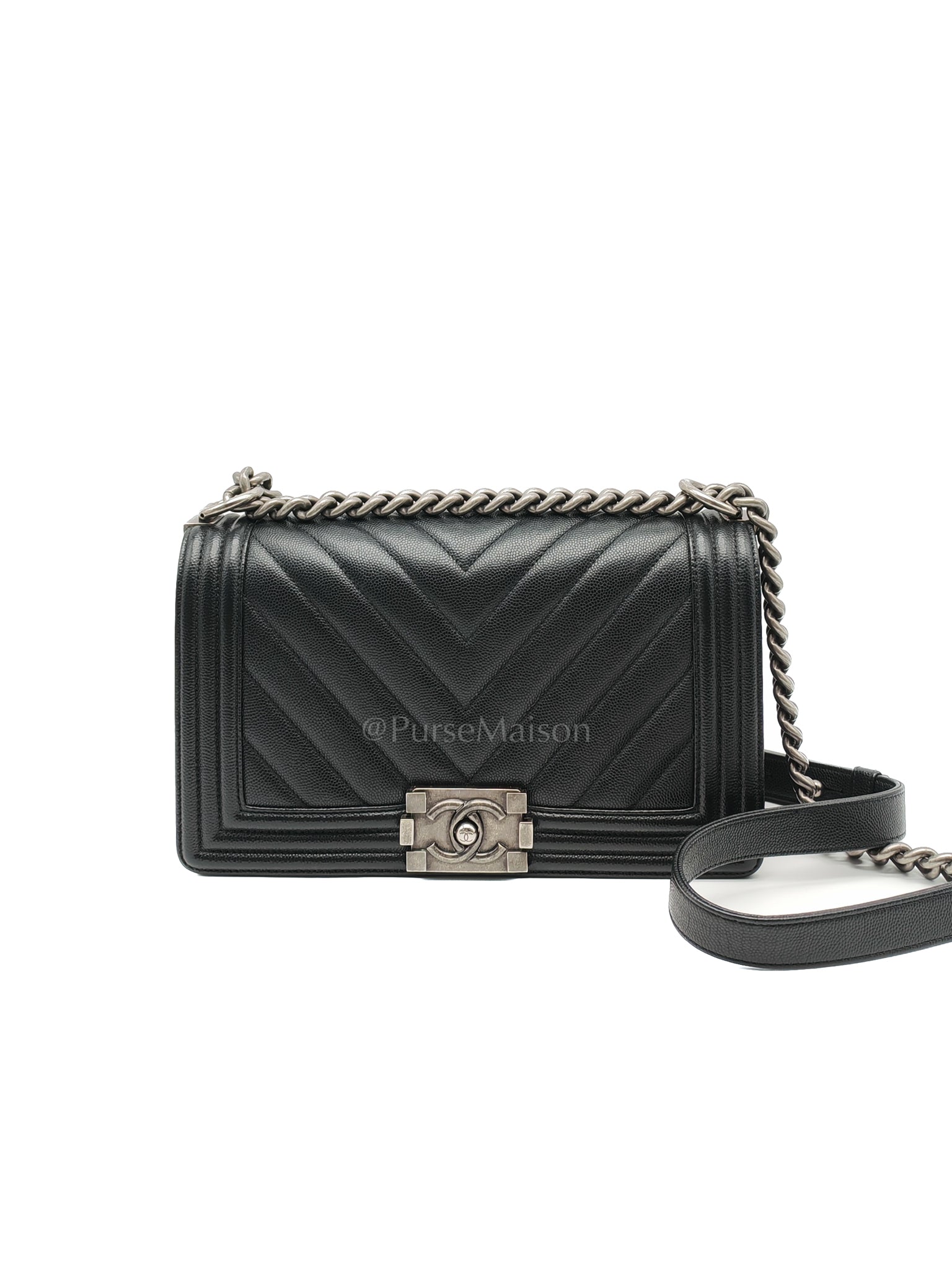 Boy Old Medium Chevron in Black Caviar Leather and Ruthenium Hardware Series 24