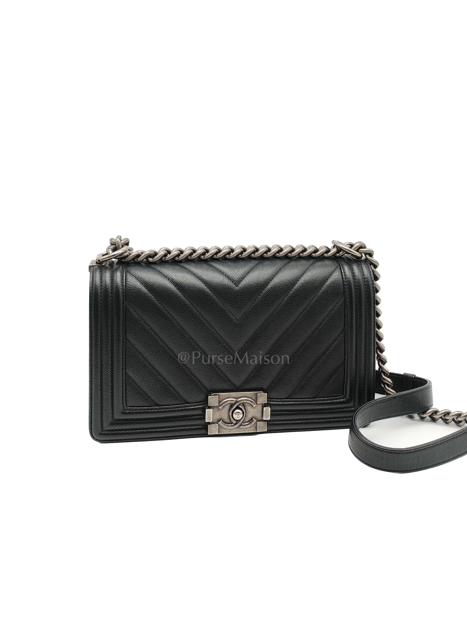 Boy Old Medium Chevron in Black Caviar Leather and Ruthenium Hardware Series 24