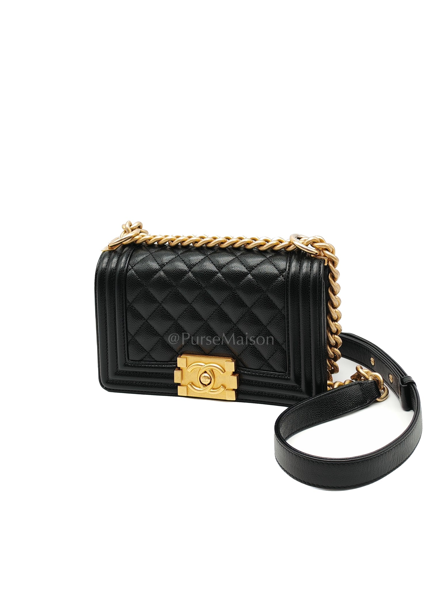 Boy Small in Black Caviar Leather and Aged Gold Hardware (Microchip)