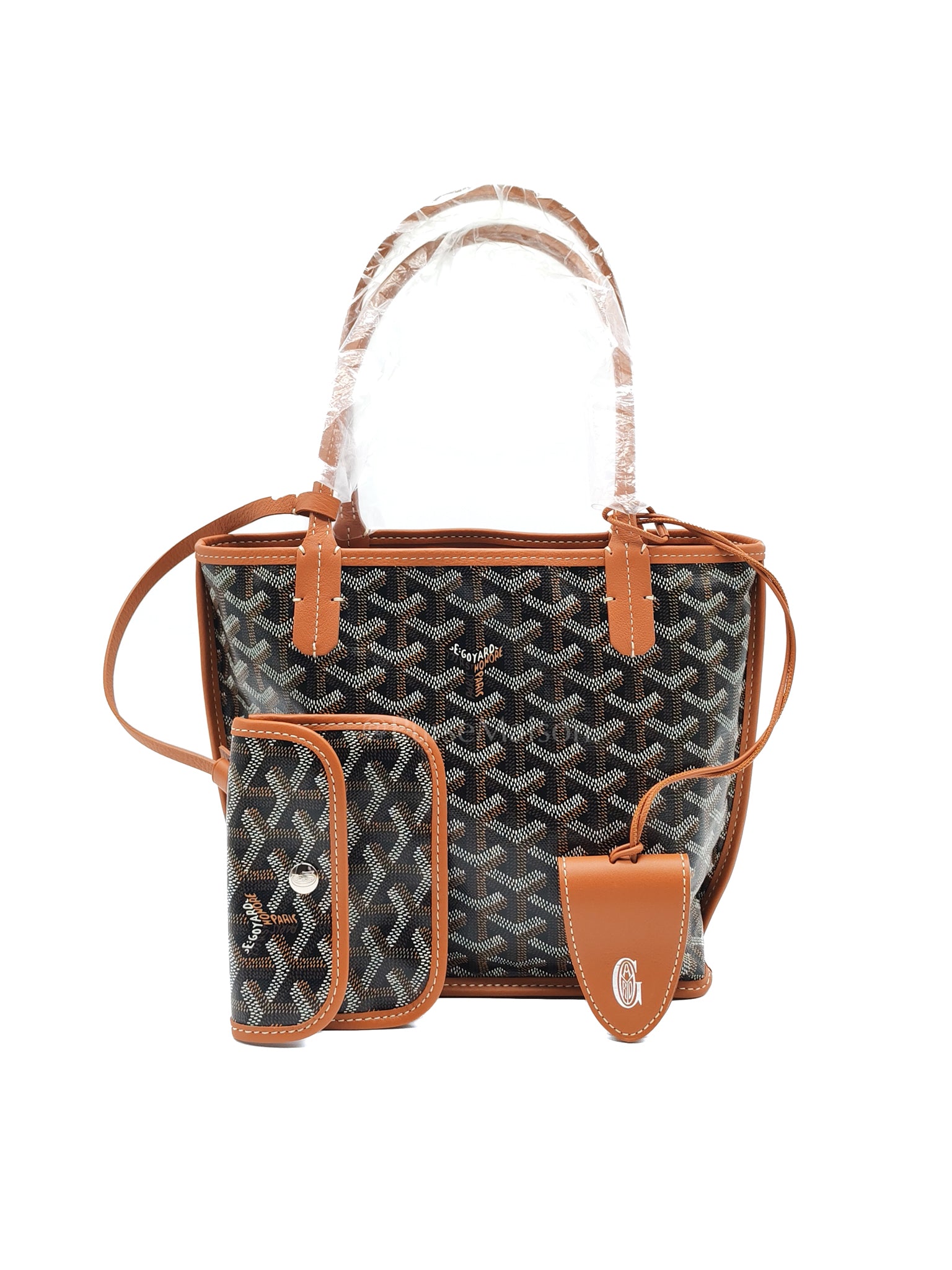Mini Anjou in Tan with Croc Universel Clip Charm in Goyardine Canvas Tote