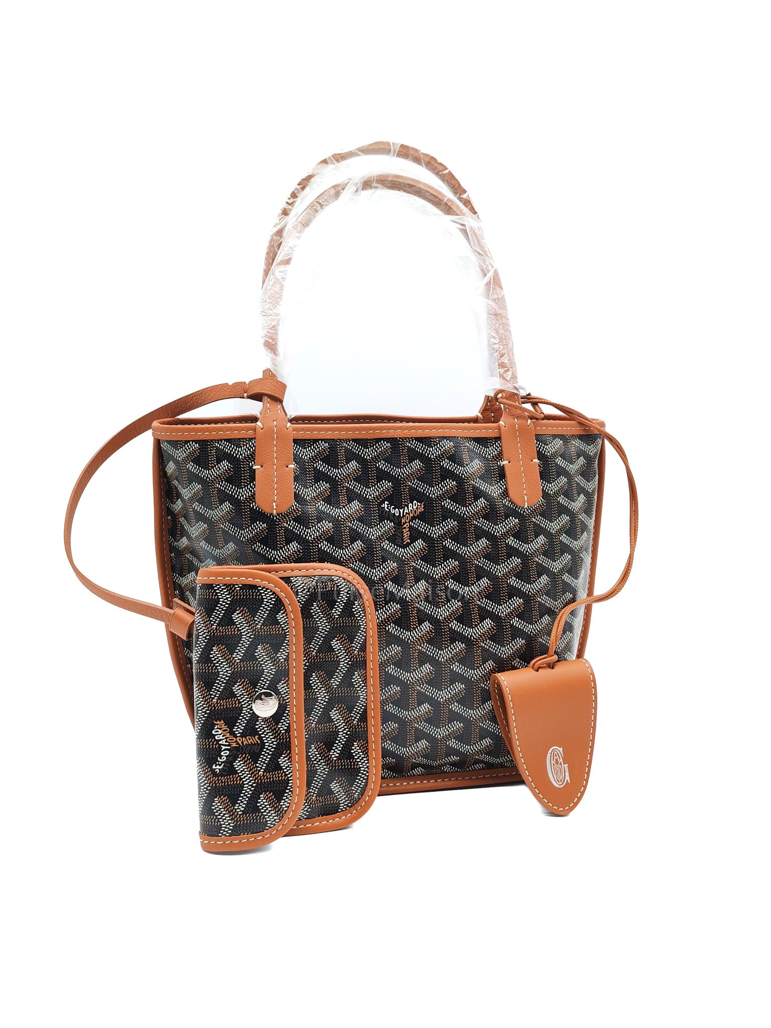 Mini Anjou in Tan with Croc Universel Clip Charm in Goyardine Canvas Tote