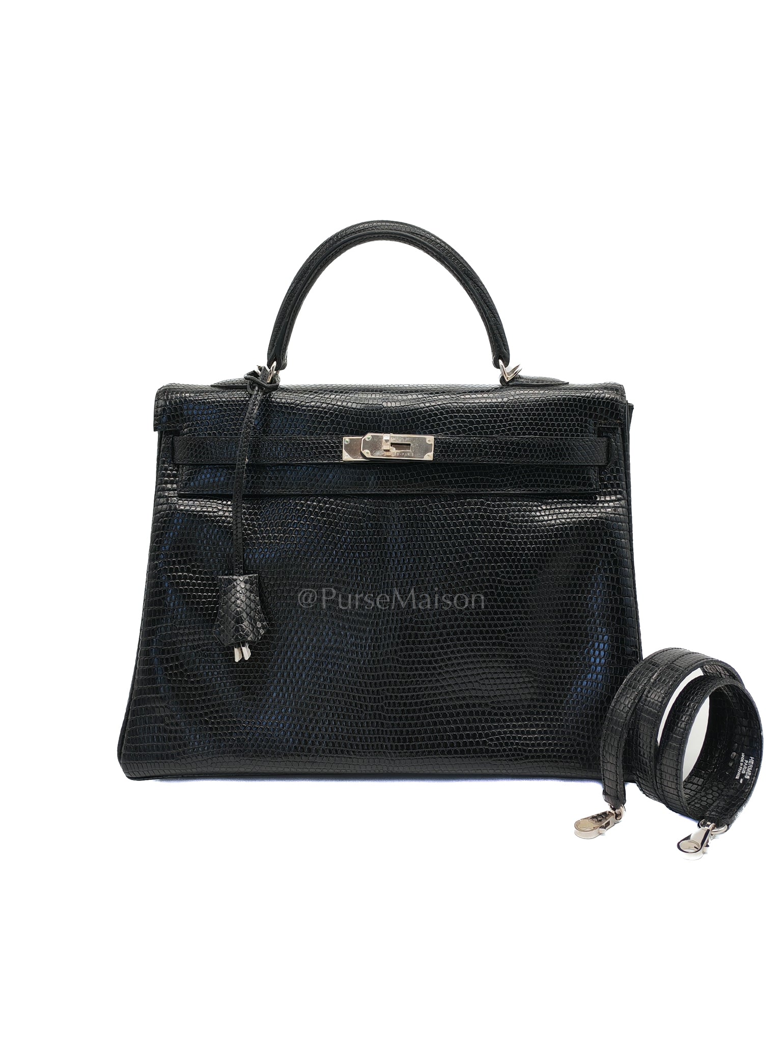 Kelly 35 Retourne in Black Lizard Leather and Palladium Hardware Stamp Square O (2011)