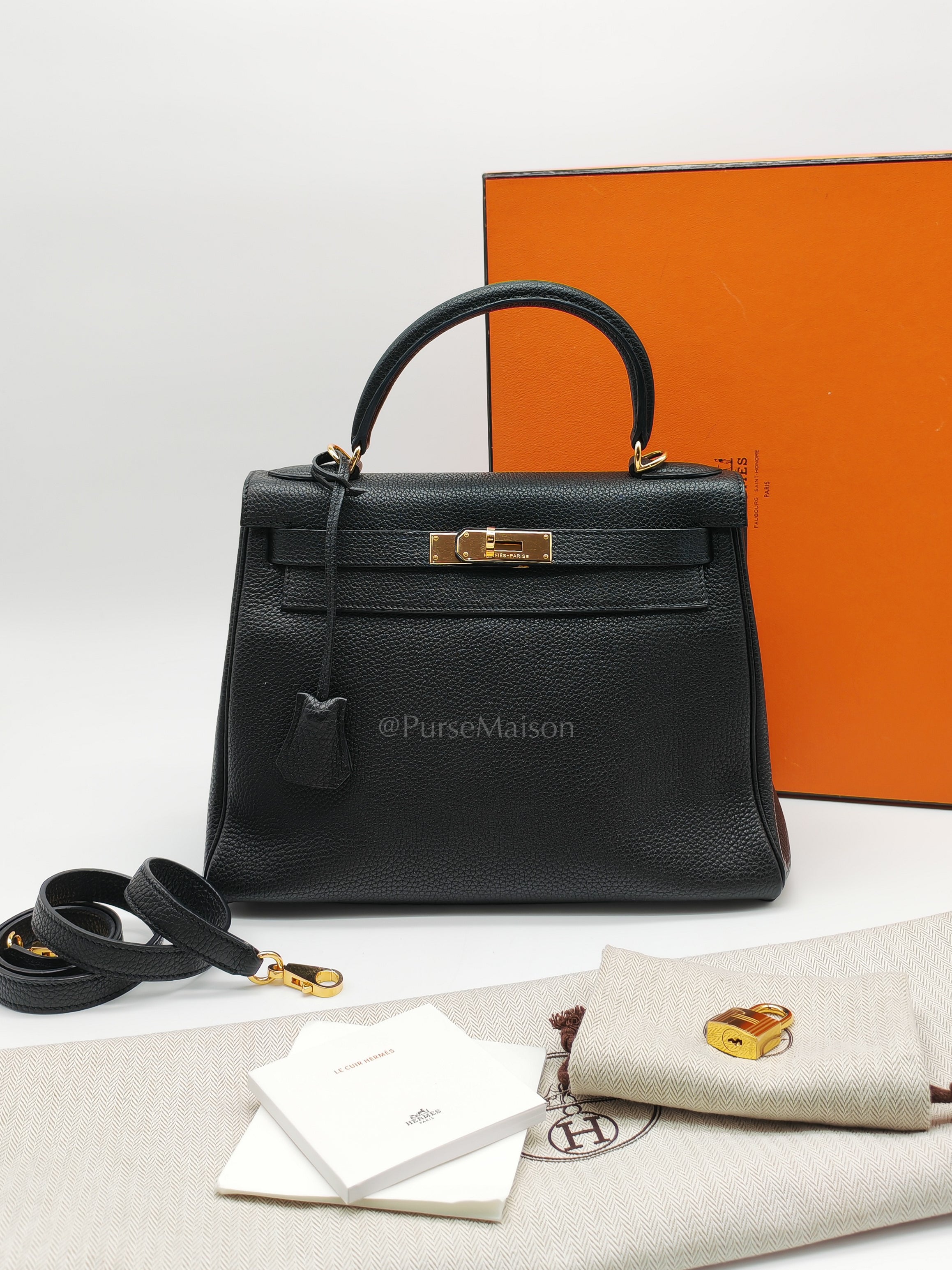 Kelly 28 Retourne in Black Togo Leather & Gold Hardware Stamp Square M (2009)
