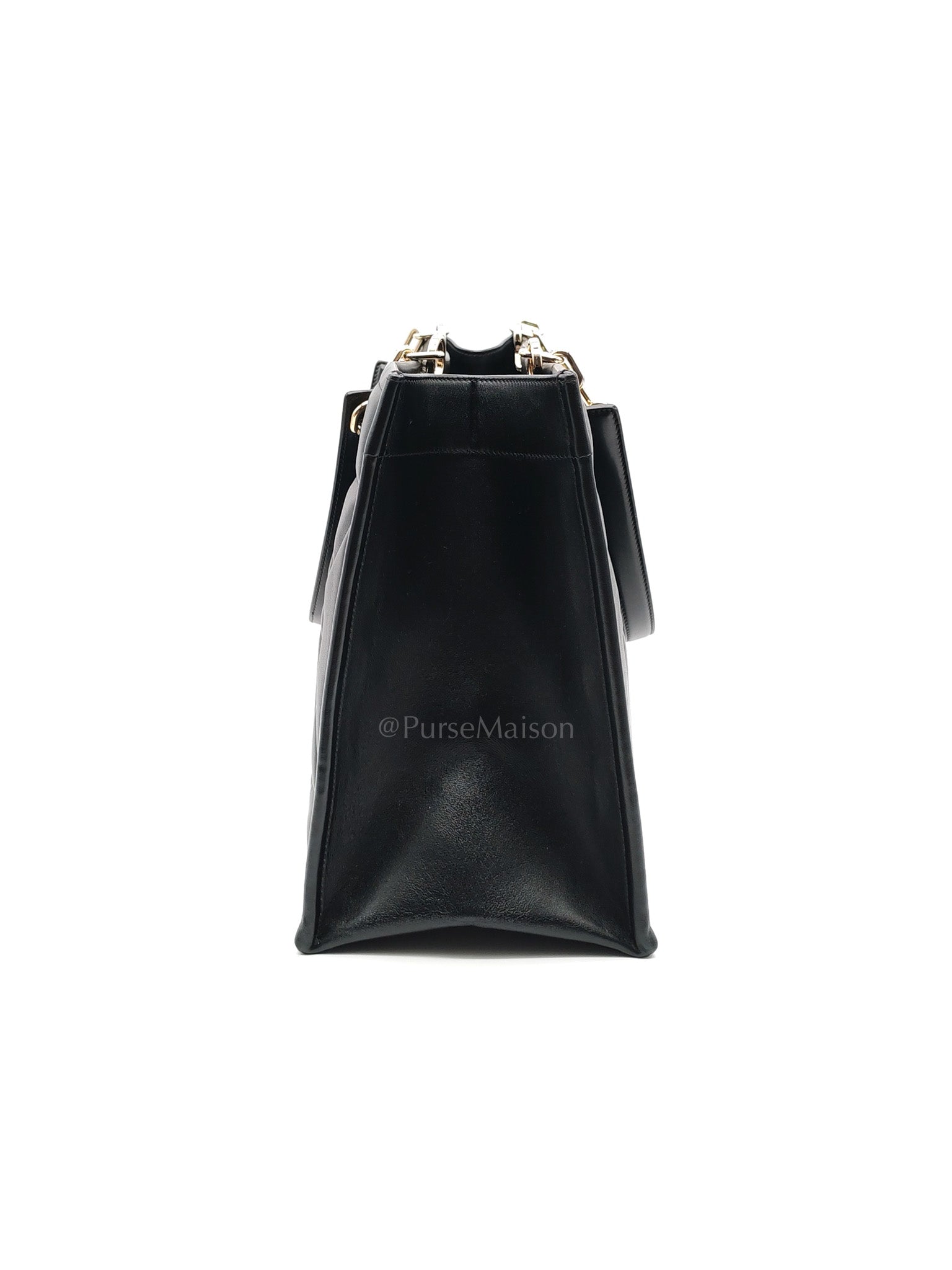 Essential Tote Bag in Black Calfskin Leather & Light Gold Hardware
