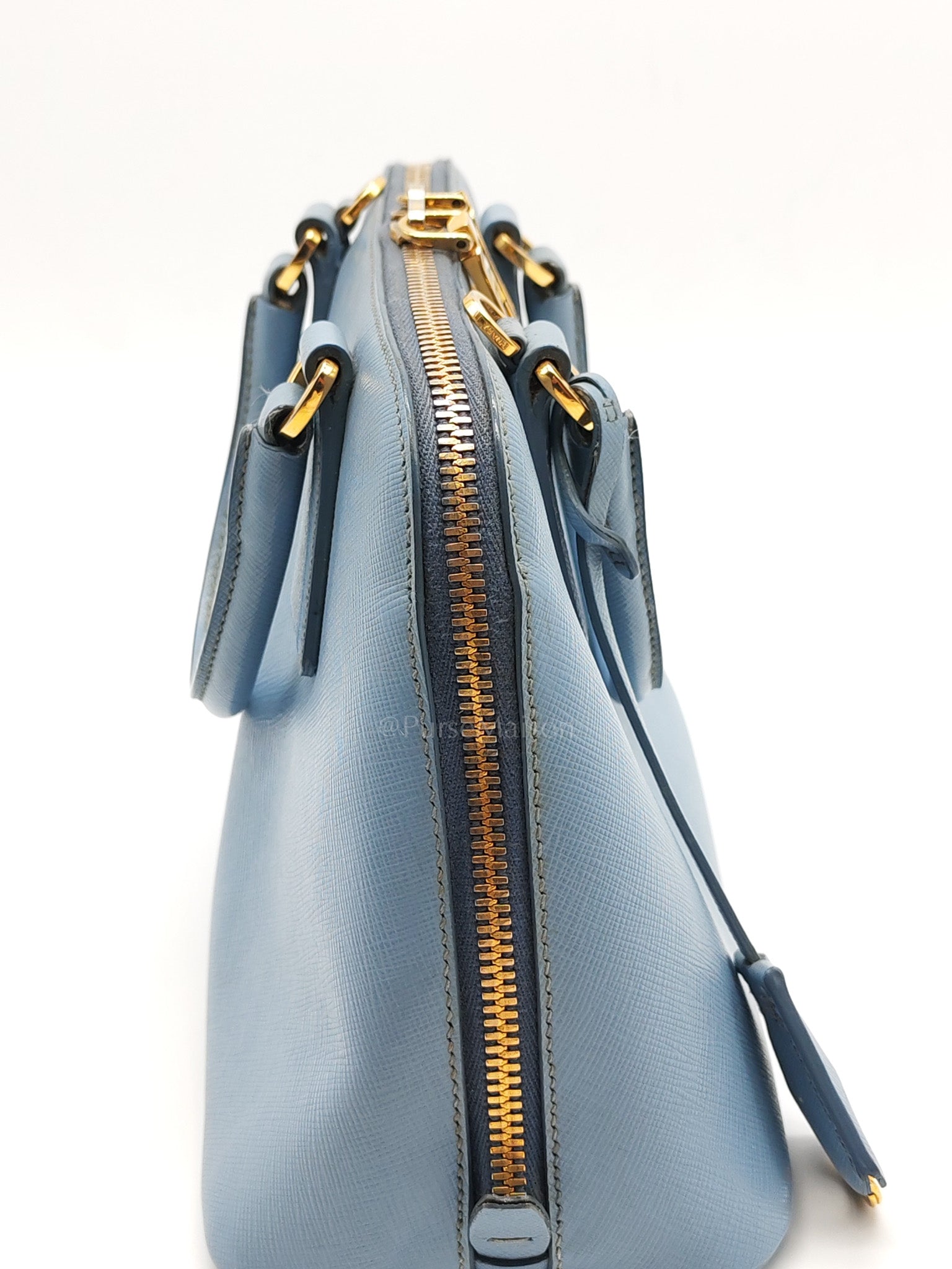 Promenade Small Bag in Light Blue Saffiano Lux Leather & Gold Hardware