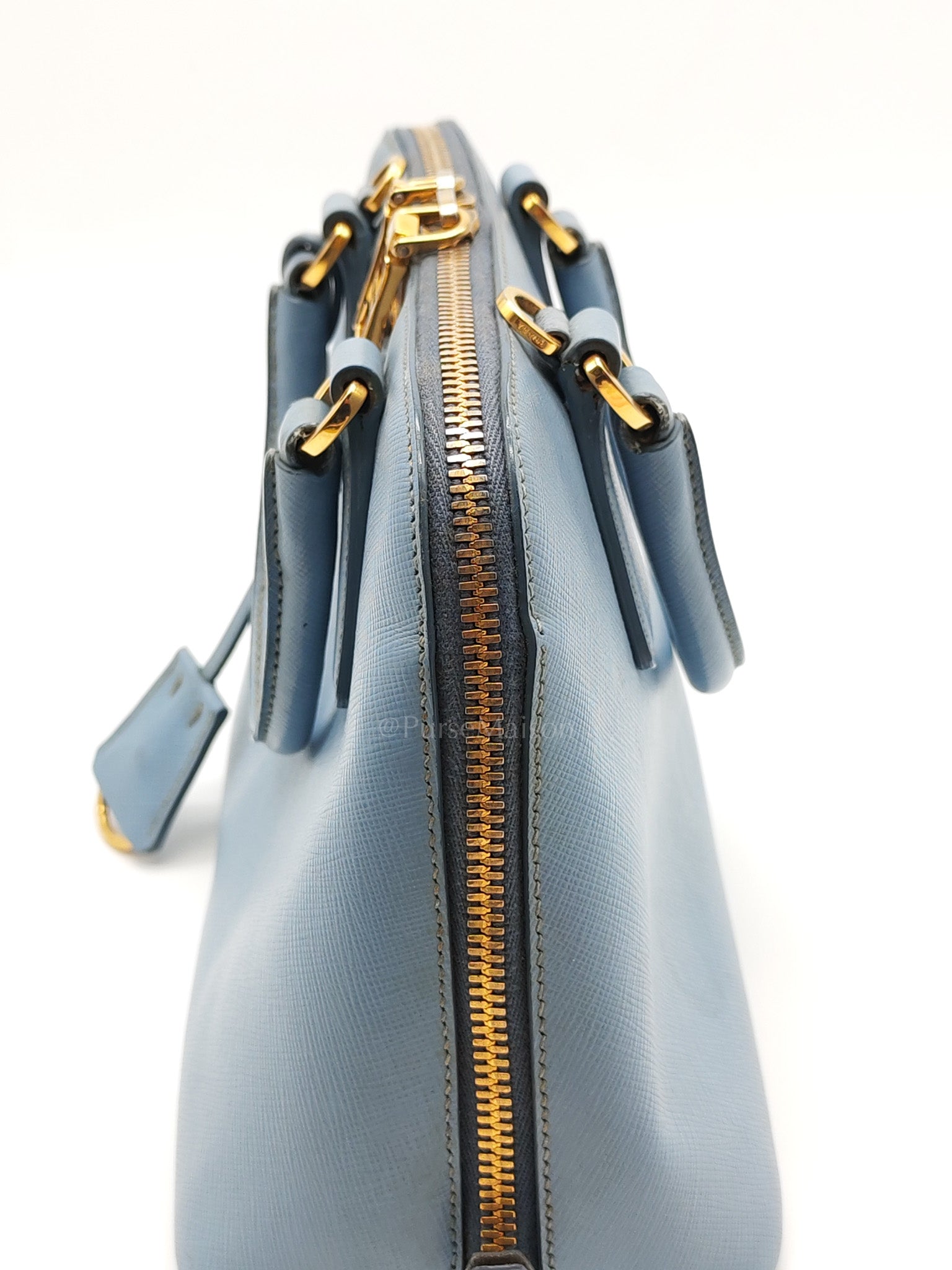 Promenade Small Bag in Light Blue Saffiano Lux Leather & Gold Hardware