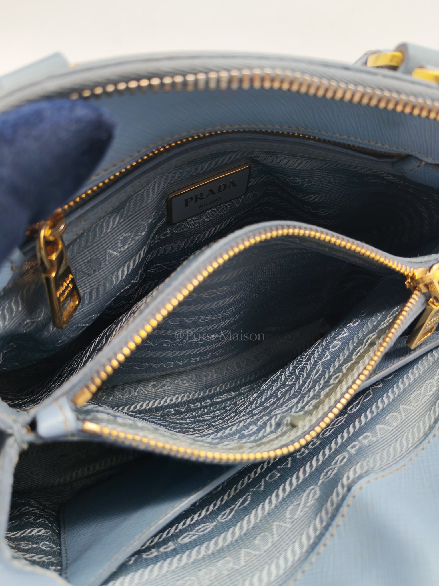 Promenade Small Bag in Light Blue Saffiano Lux Leather & Gold Hardware