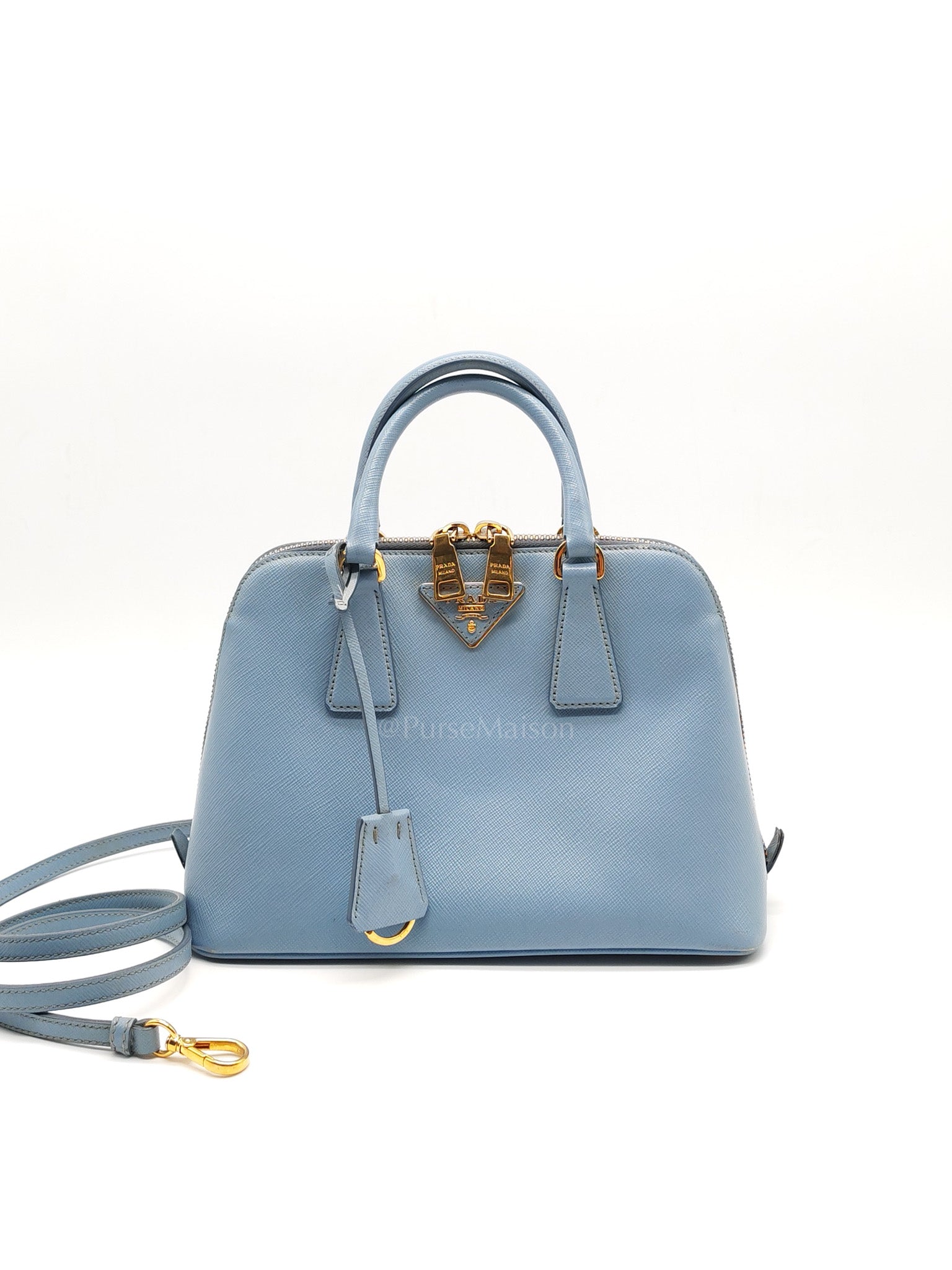 Promenade Small Bag in Light Blue Saffiano Lux Leather & Gold Hardware