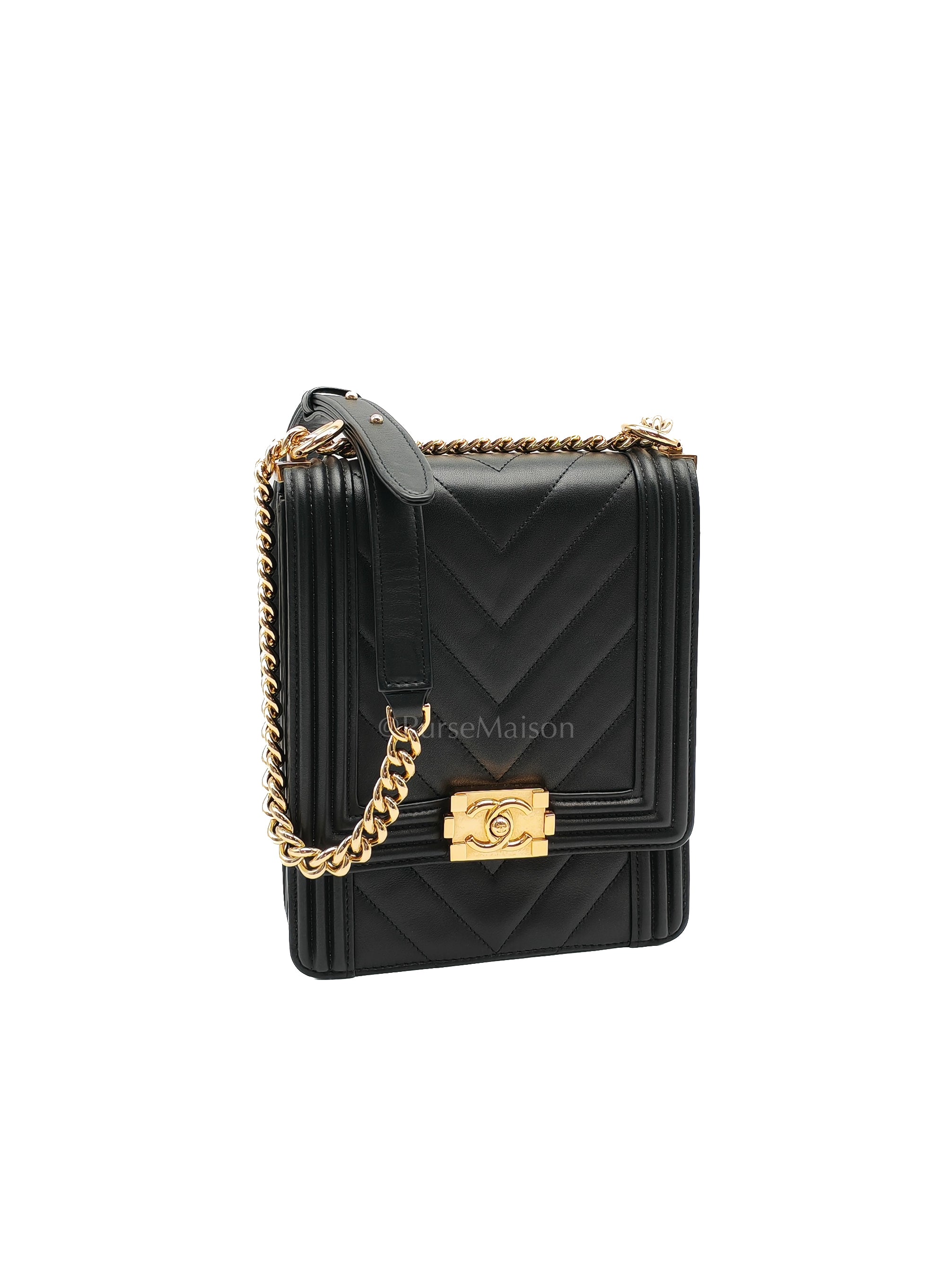 Boy North South Bag in Black Lambskin Leather & Gold Hardware Series 28