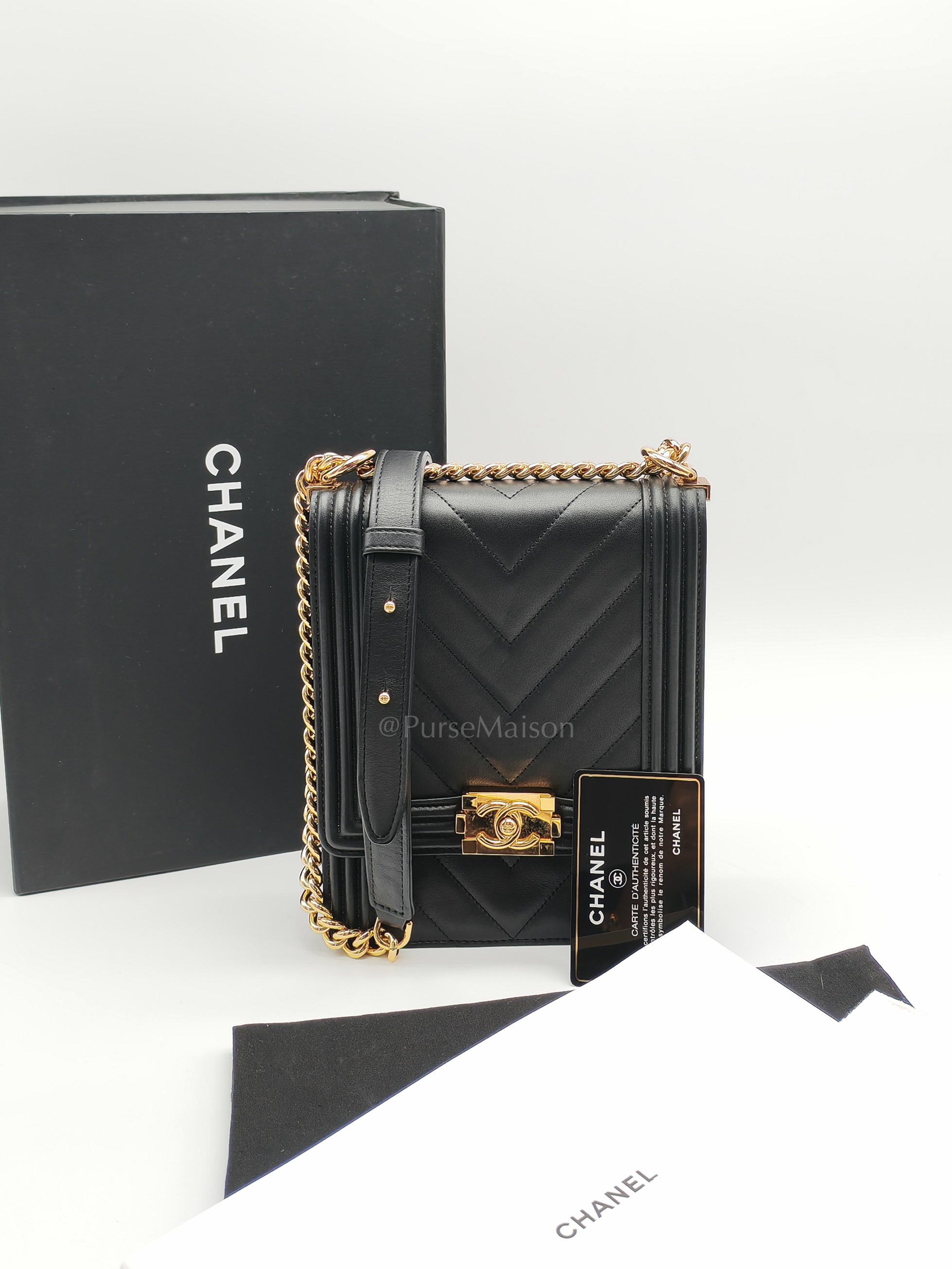 Boy North South Bag in Black Lambskin Leather & Gold Hardware Series 28
