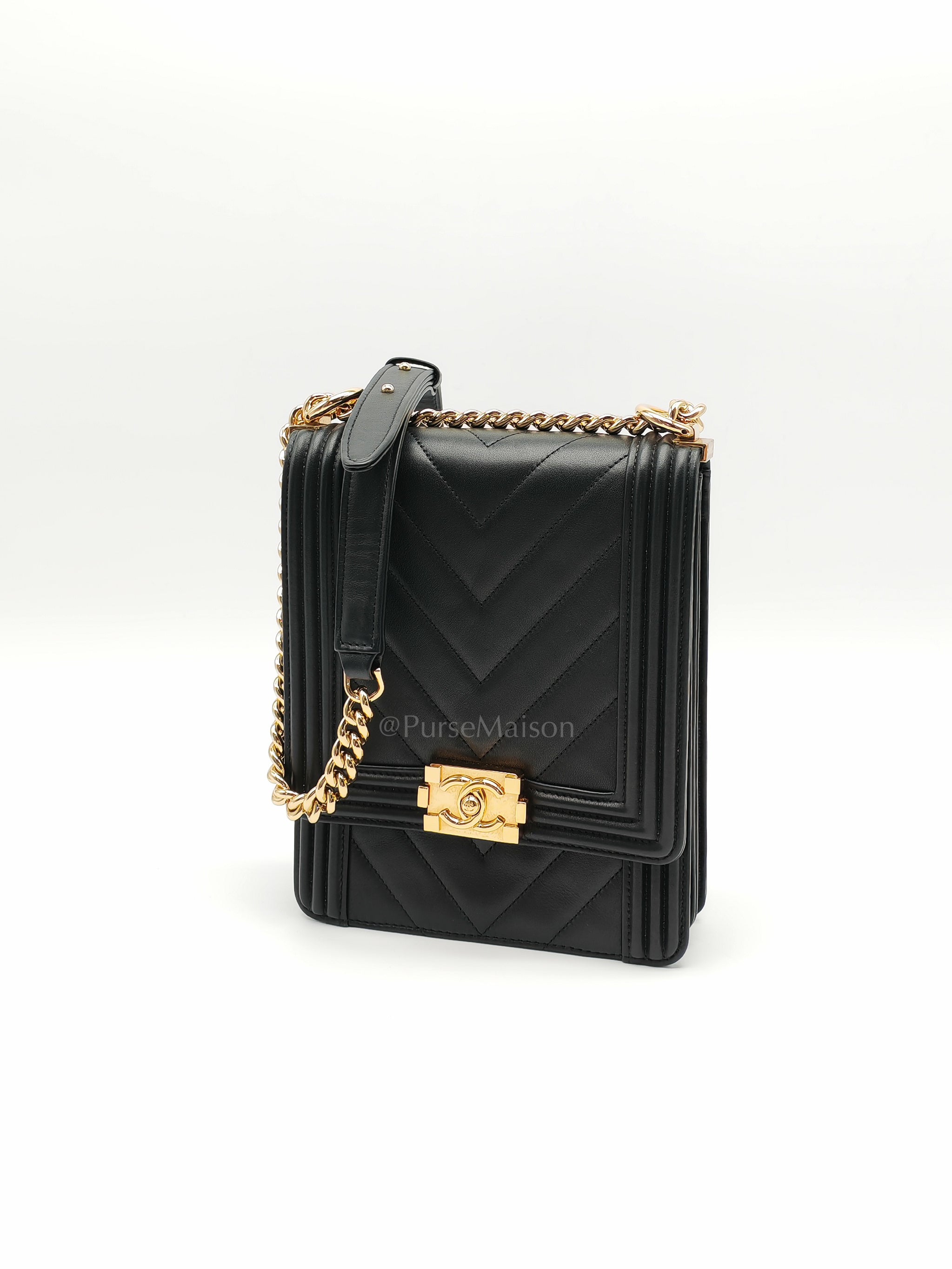 Boy North South Bag in Black Lambskin Leather & Gold Hardware Series 28
