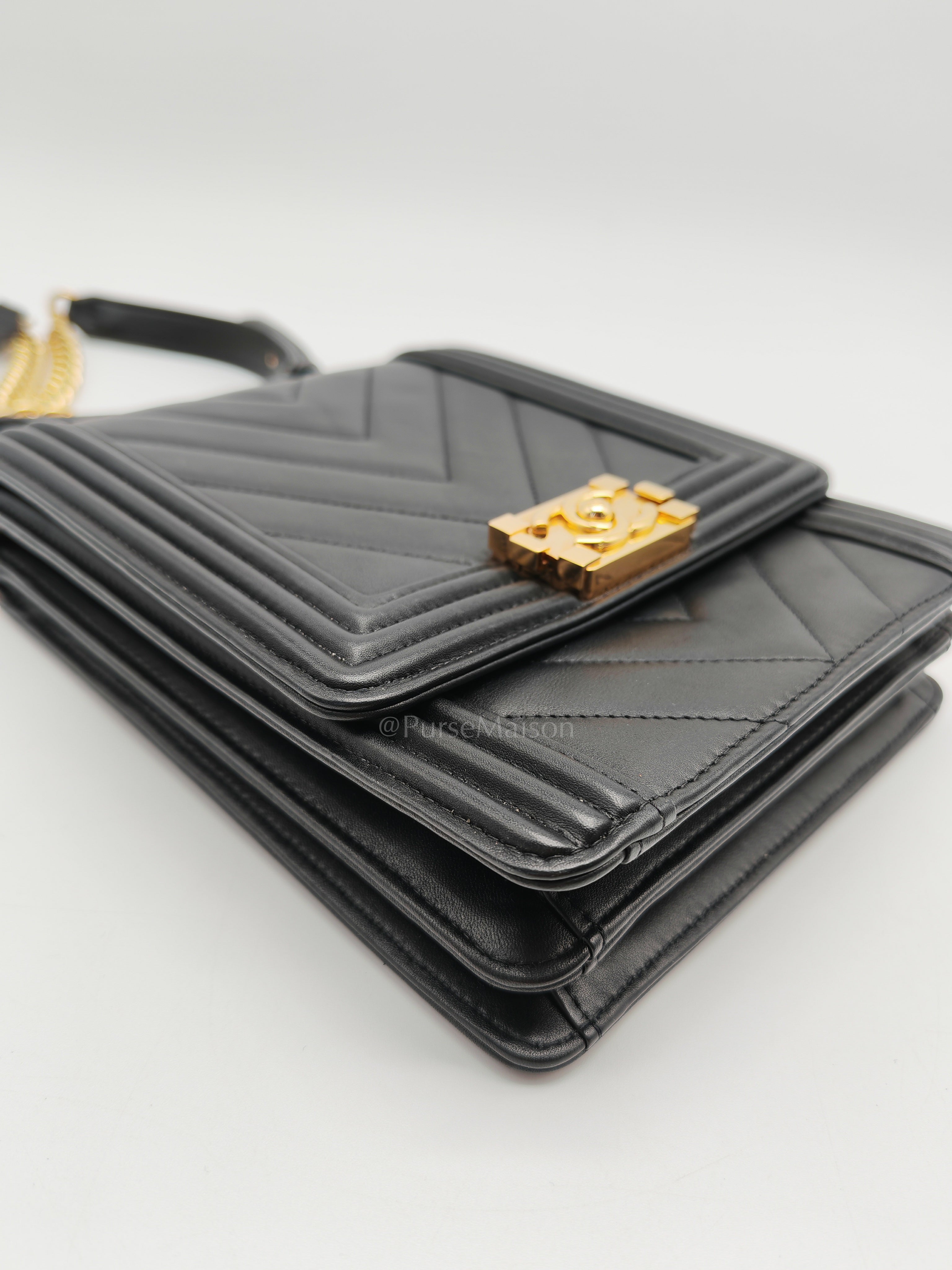 Boy North South Bag in Black Lambskin Leather & Gold Hardware Series 28
