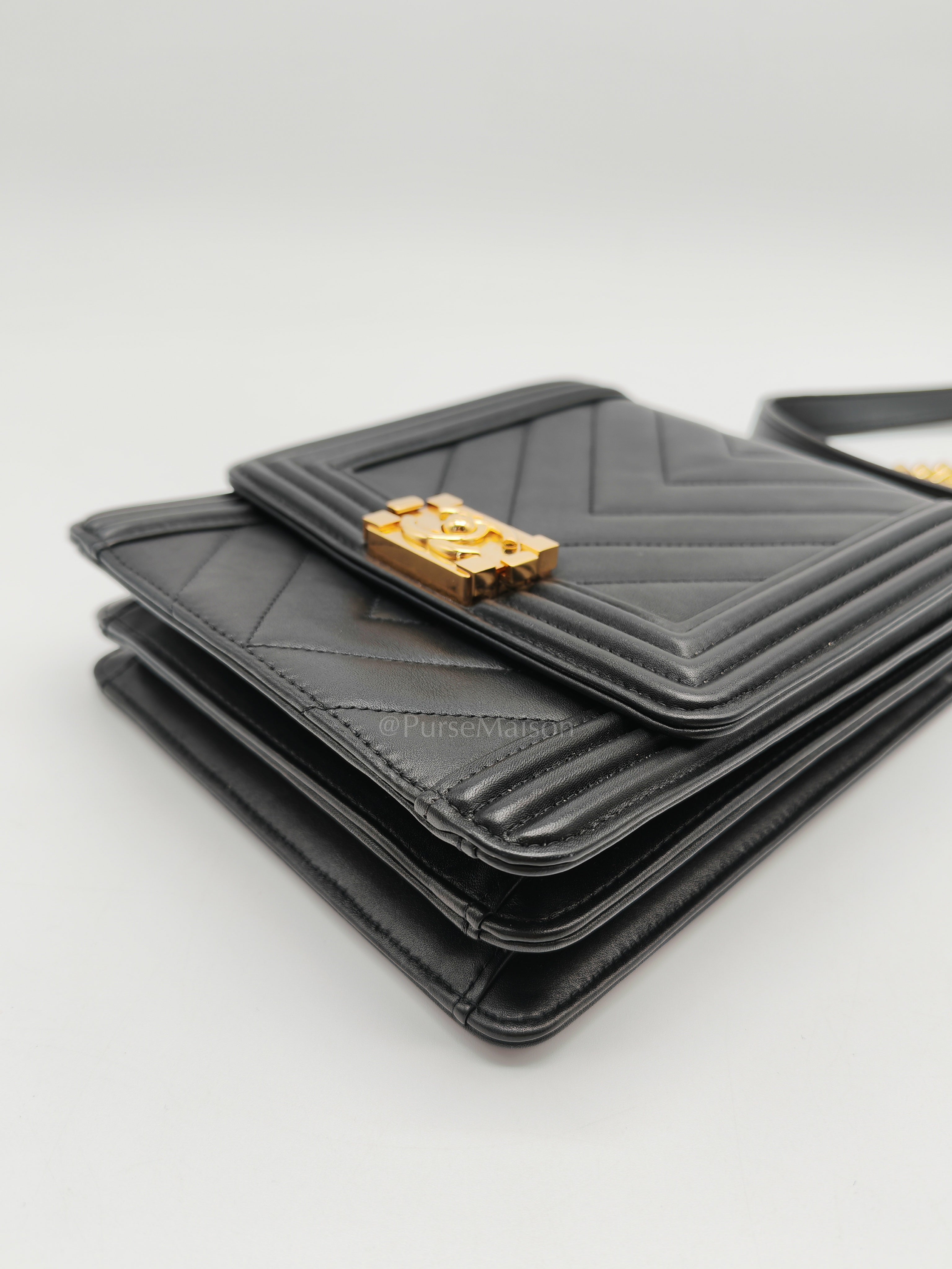 Boy North South Bag in Black Lambskin Leather & Gold Hardware Series 28