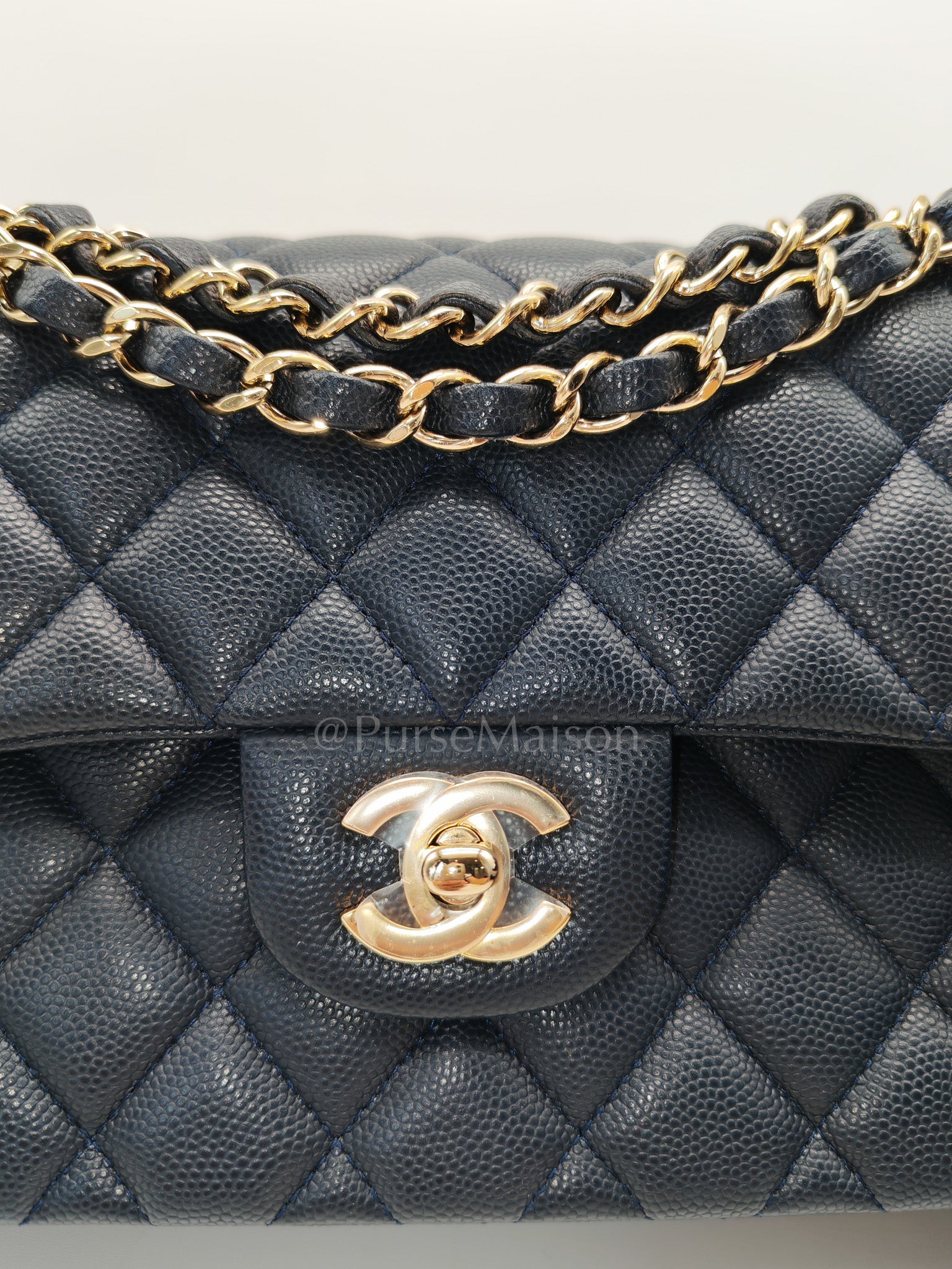 Classic Double Flap Small in Navy Blue Caviar Leather in Gold Hardware (Series 26)