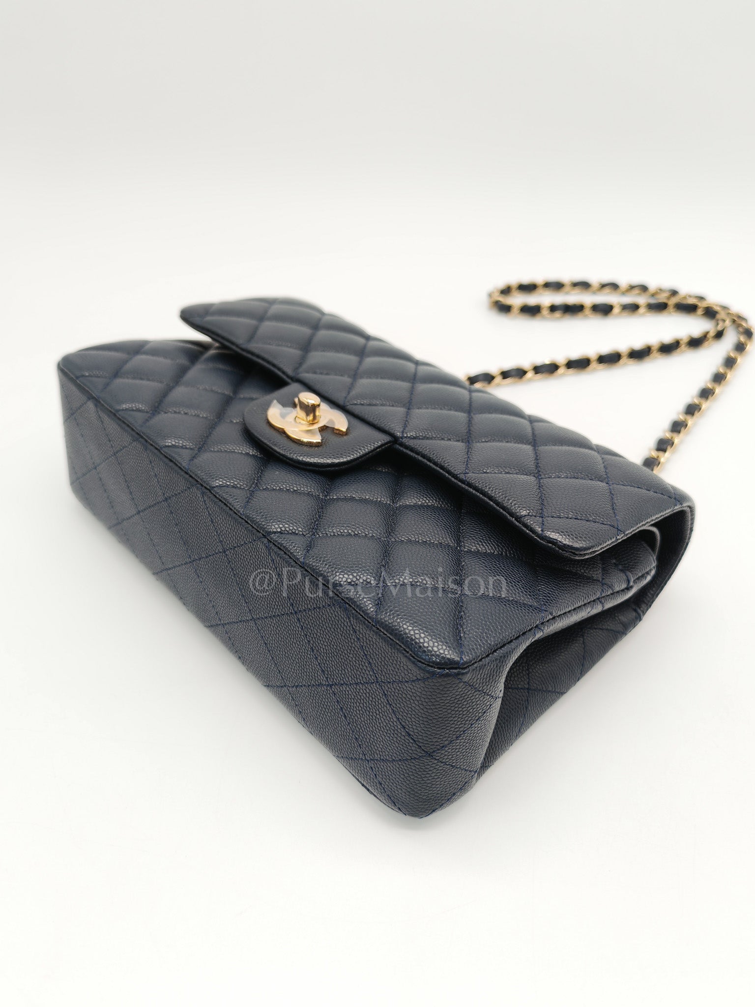 Classic Double Flap Small in Navy Blue Caviar Leather in Gold Hardware (Series 26)