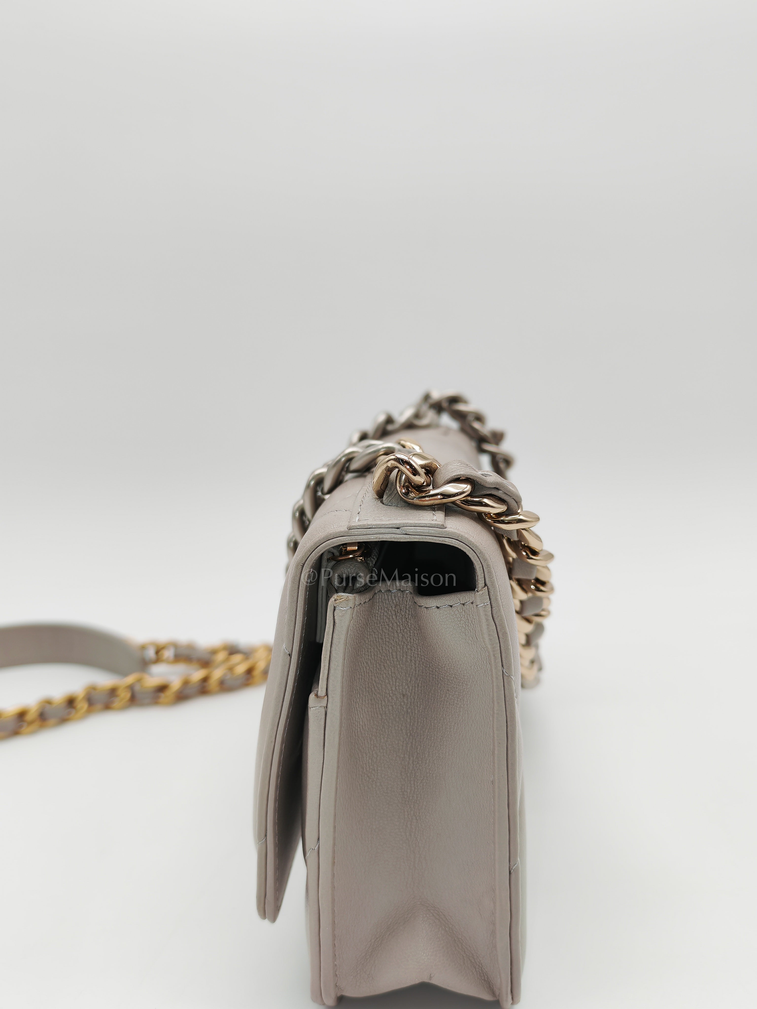 Wallet on Chain in Gray Lambskin Leather & Mixed Hardware Microchip