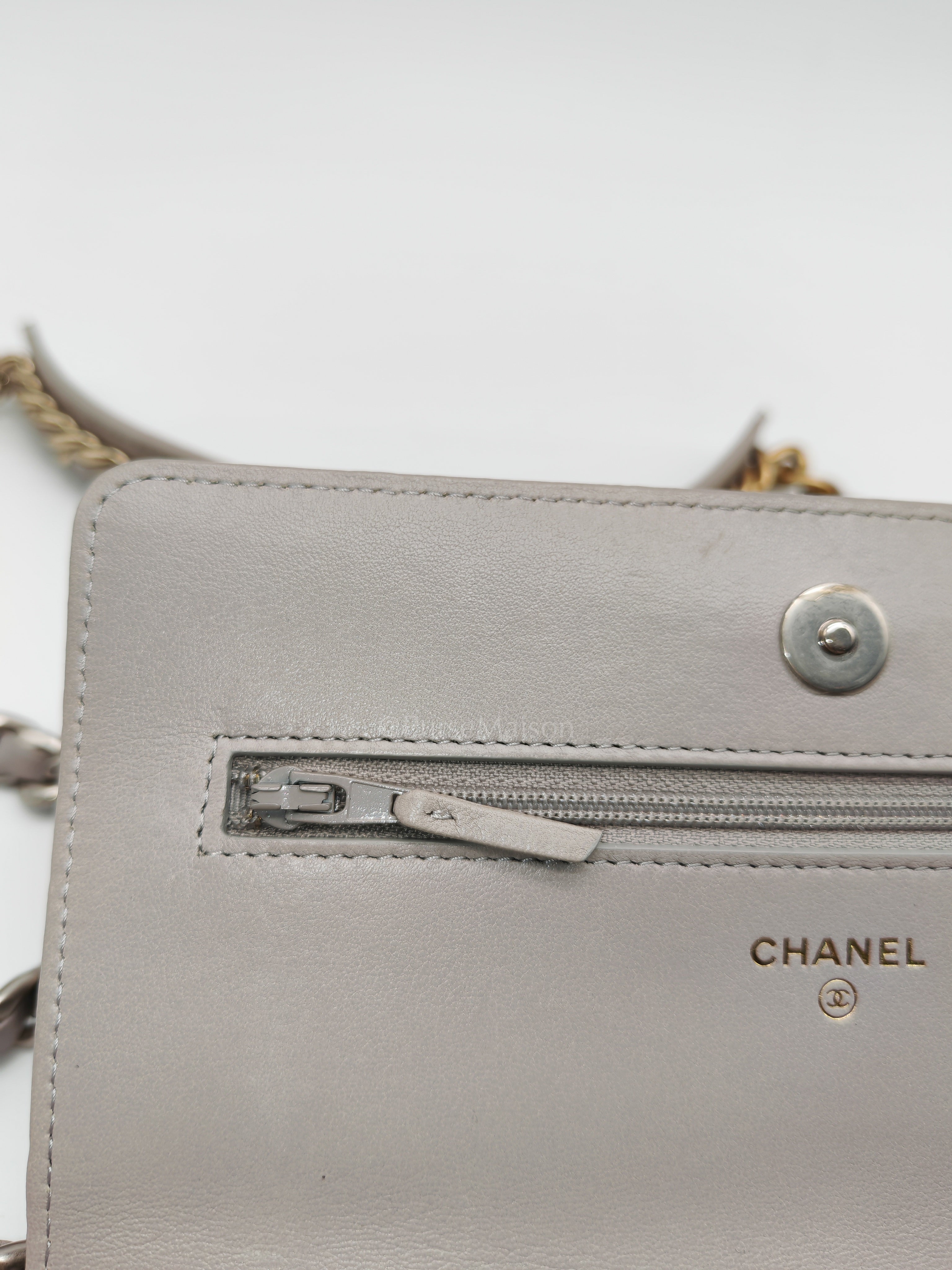 Wallet on Chain in Gray Lambskin Leather & Mixed Hardware Microchip