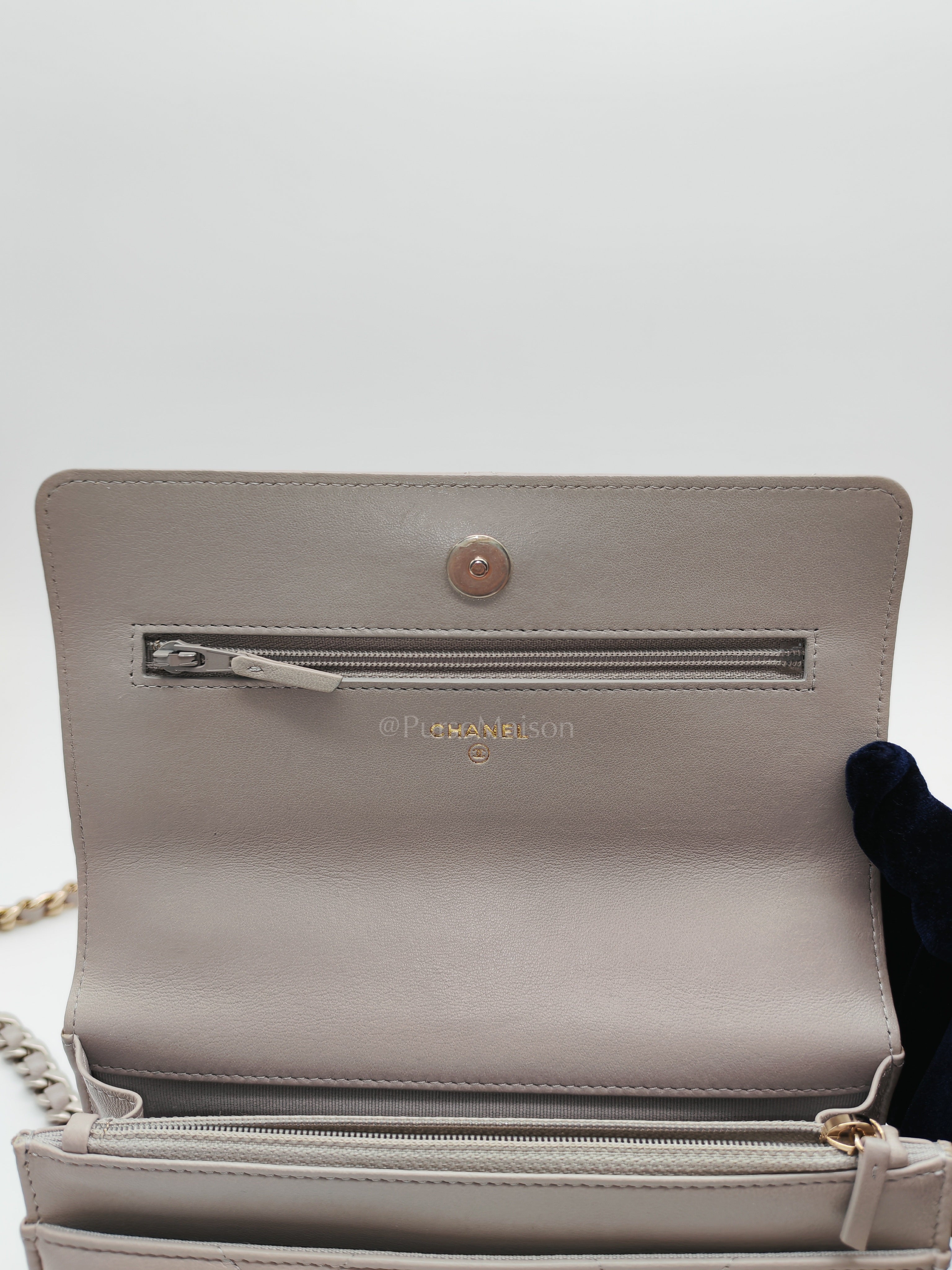 Wallet on Chain in Gray Lambskin Leather & Mixed Hardware Microchip